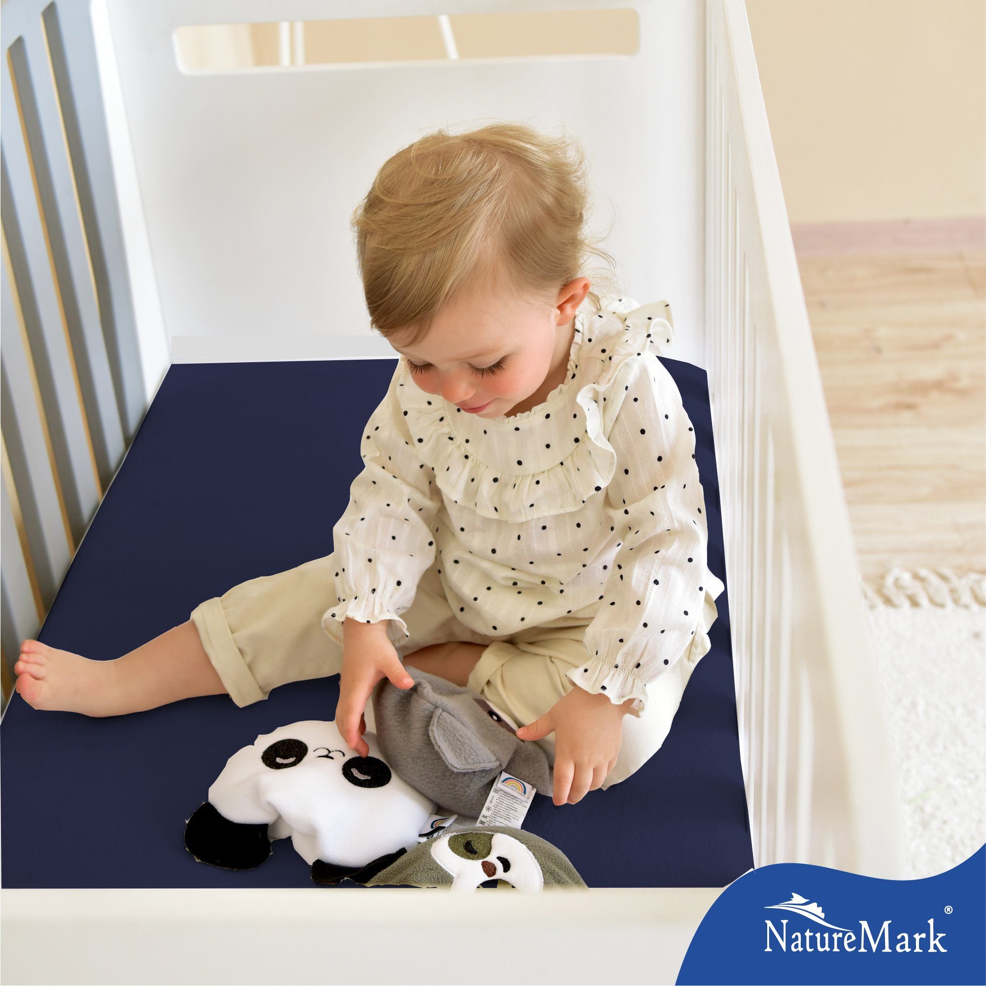 NatureMark Spannbettlaken Jersey Spannbetttuch, 100% Baumwolle, Gummizug: rundum, (2 Stück), Kinder Spannbetttuch, für Baby-/Kinderbett, 70x140 cm, Navy blau – Bild 4 von 4