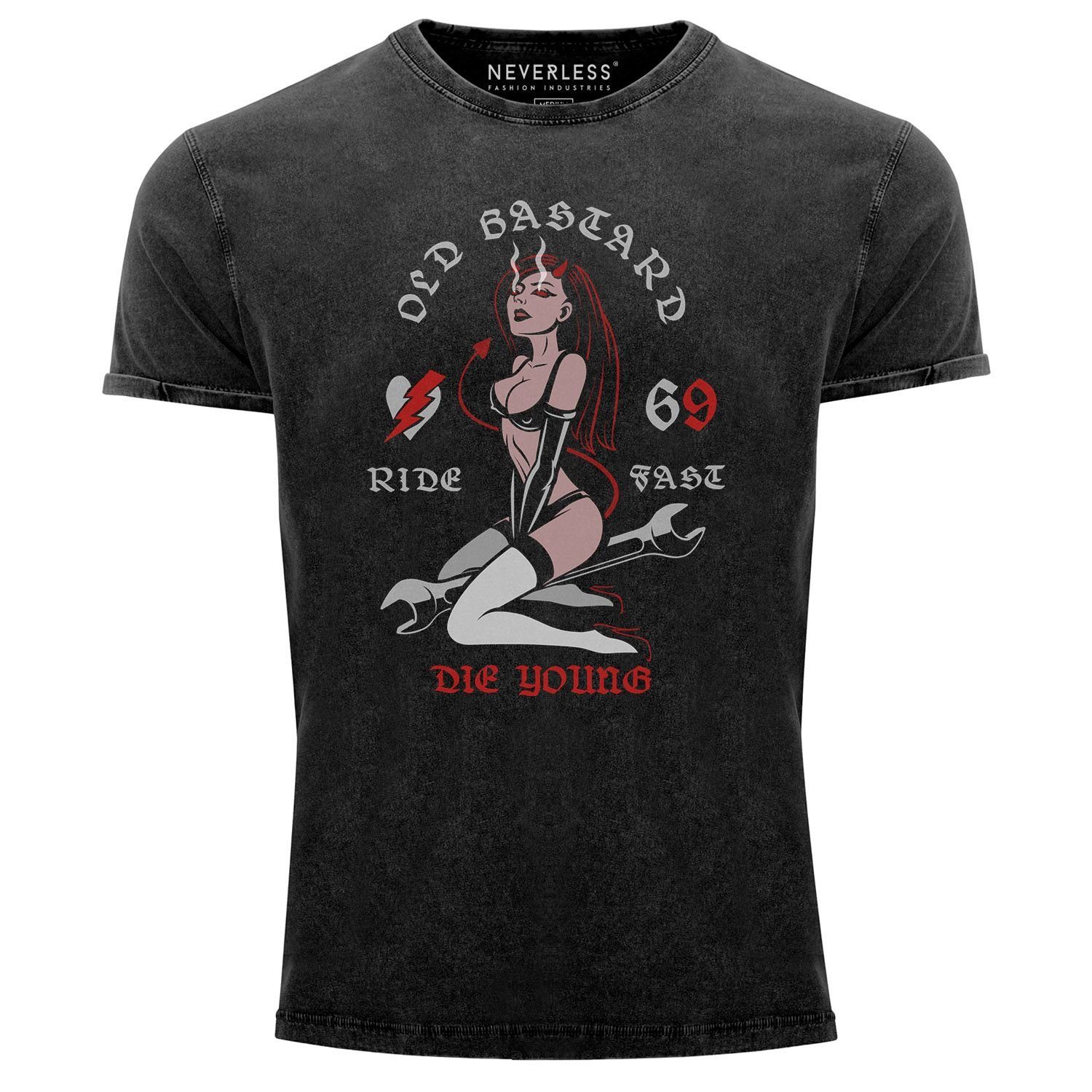 Neverless Print-Shirt Neverless® Herren T-Shirt Vintage Shirt Printshirt Pin up Girl Racing Design Ride Fast Die Young Schriftzug Used Look Slim Fit mit Print