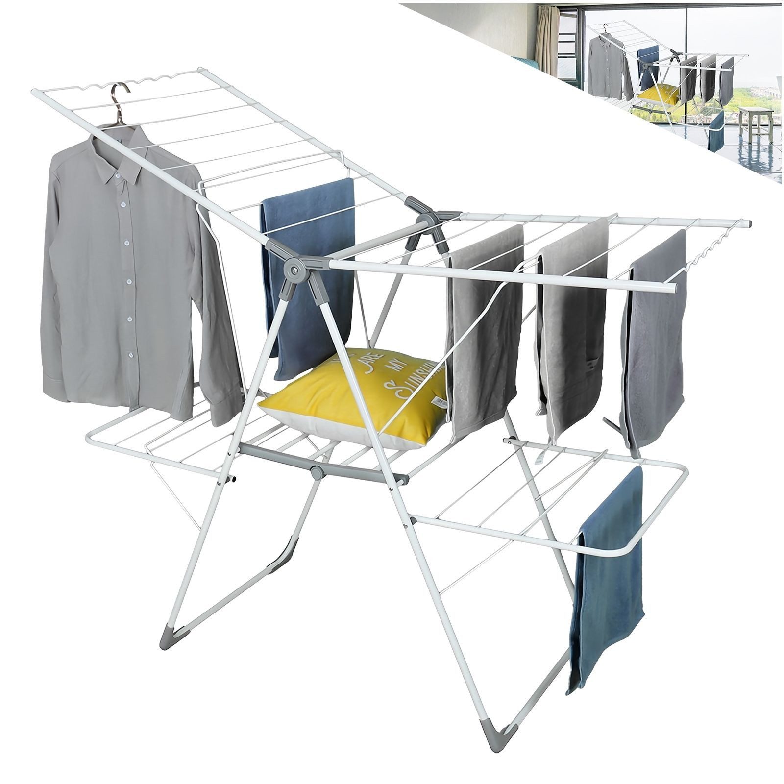 Allyson Wäscheständer ausziehbar, Standtrockner zusammenklappbar, 142 cm breit, höhenverstellbare Flügel, 3 Ebenen, platzsparend