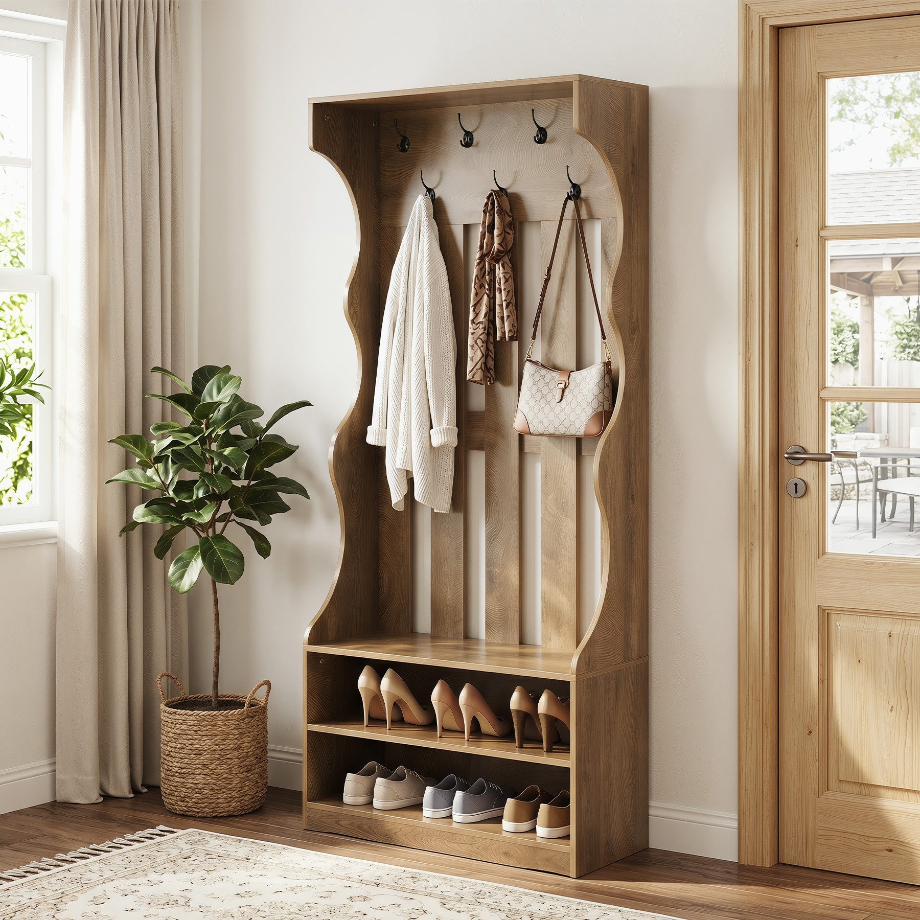Tribesigns Kleiderschrank 3 in 1 Garderobe, 180 cm Garderobenständer mit 7 Haken (Flurgarderobe mit Sitzbank, Mehrzweckschrank im Landhausstil mit 2-stöckiger Schuhablage für Eingangsbereich, Wohnzimmer und Schlafzimmer)