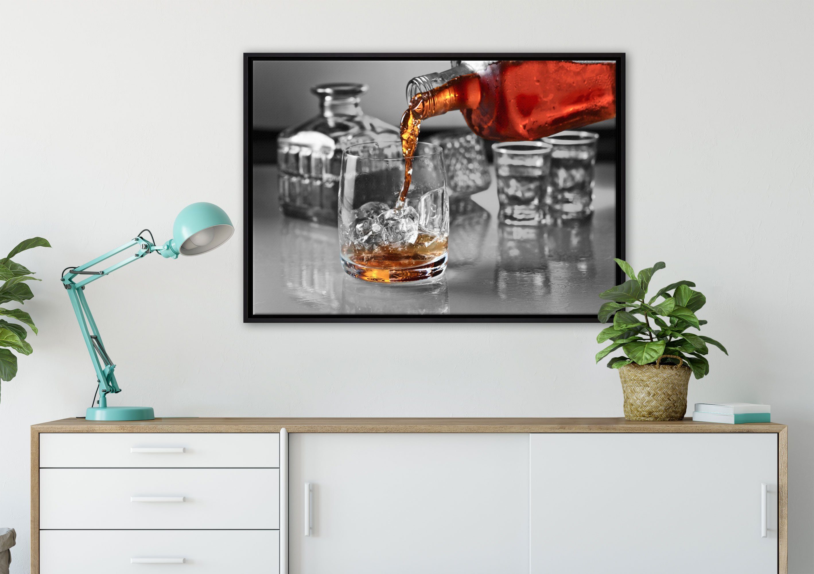 Wanddekoration in (1 inkl. Whiskeyglas, St), Schattenfugen-Bilderrahmen Whiskey Zackenaufhänger einem fertig im gefasst, Leinwandbild Leinwandbild Pixxprint bespannt,