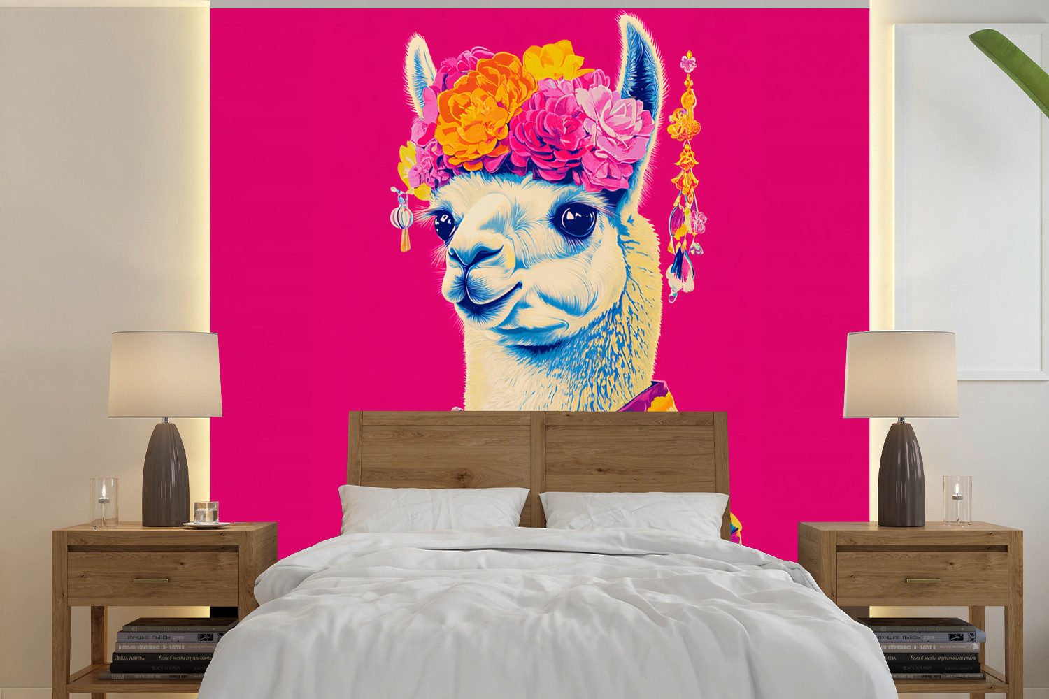 MuchoWow Fototapete Lama - Kimono - Blumenkranz - Hellrosa, Matt, bedruckt, Vliestapete für Wohnzimmer Schlafzimmer Küche, Fototapete, 220x220 cm
