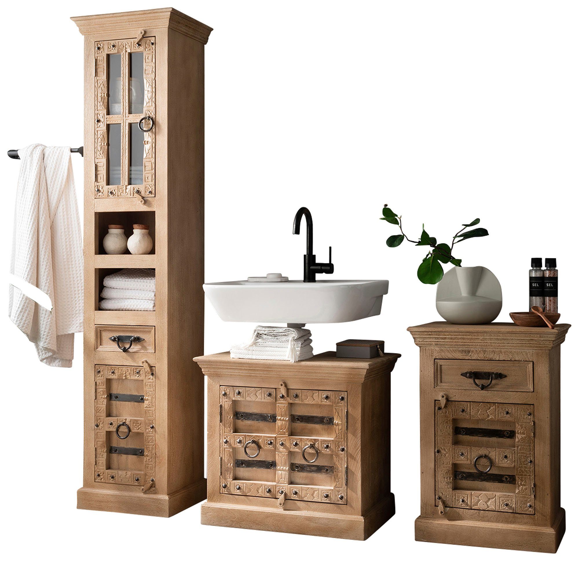 SIT Badmöbel-Set, (Set, Bäder-Set), Front mit aufwändigen Schnitzereien, Ringgriffe & Beschläge aus Metall