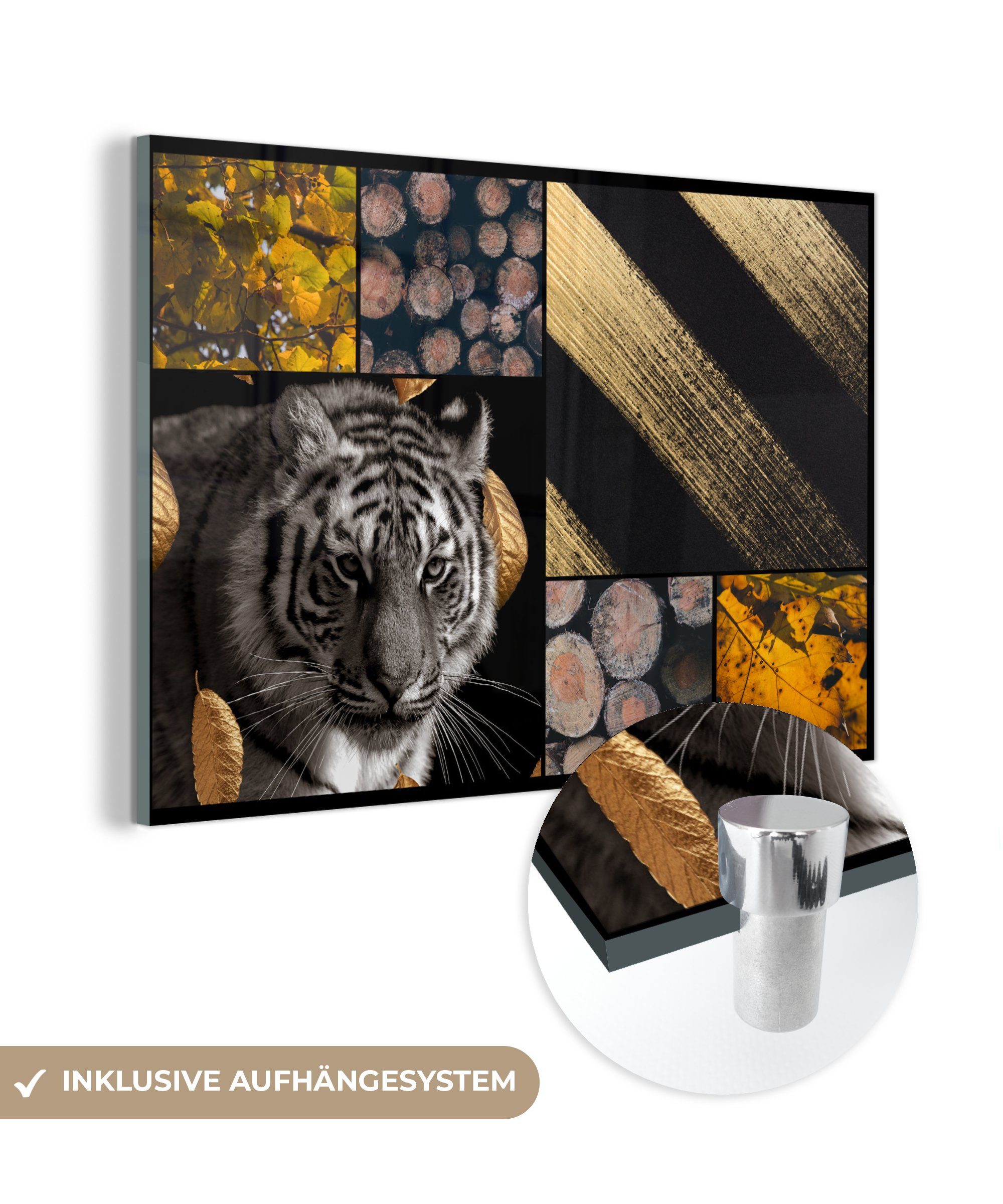 MuchoWow Acrylglasbild - Wohnzimmer Collage, Tiger - Gold Schlafzimmer Holz - & Acrylglasbilder (1 St)