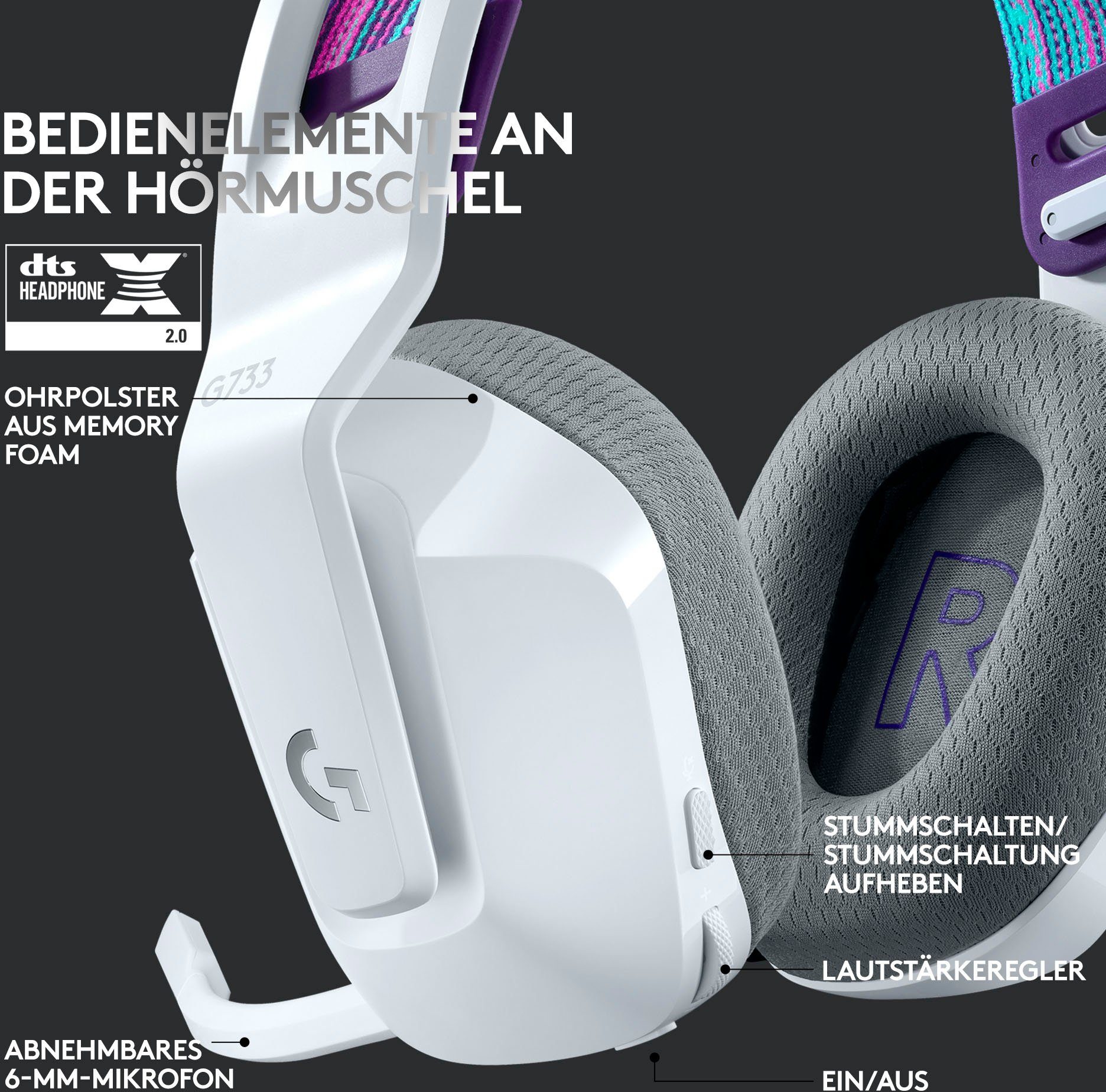 (WiFi) WLAN Gaming-Headset (Mikrofon G733 LIGHTSPEED RGB Logitech abnehmbar, Wireless G weiß