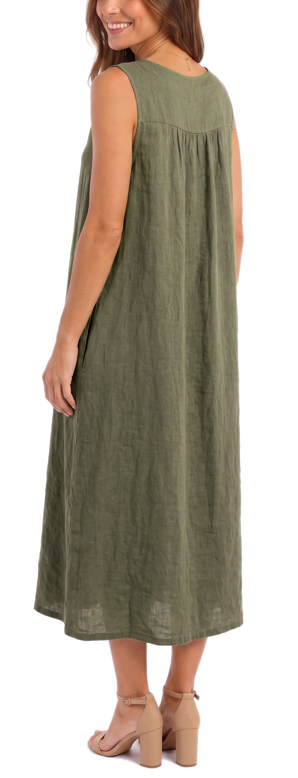 dy_mode Sommerkleid Damen Leinenkleid Luftiges Maxi Sommerkleid Strandkleid Damenkleid in Unifarbe, V-Ausschnitt, mit seitlichen Eingriffstaschen