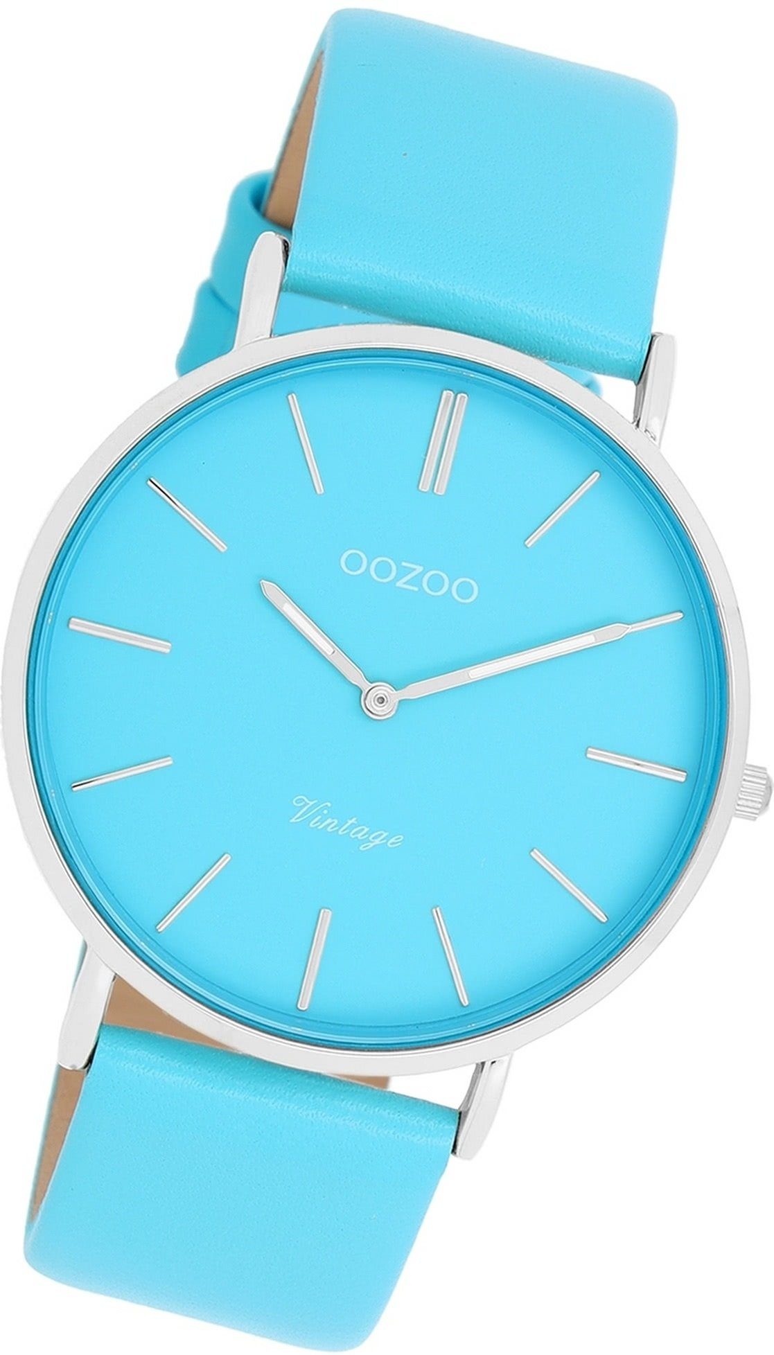OOZOO Quarzuhr Oozoo Damen Armbanduhr Vintage Analog, Damenuhr Lederarmband blau, rundes Gehäuse, groß (ca. 40mm)