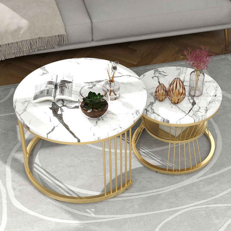Merax Couchtisch rund Satztisch, Beistelltisch mit Metallrahmen (2-St), hochglänzend Wohnzimmertisch aus Holz in Marmoroptik