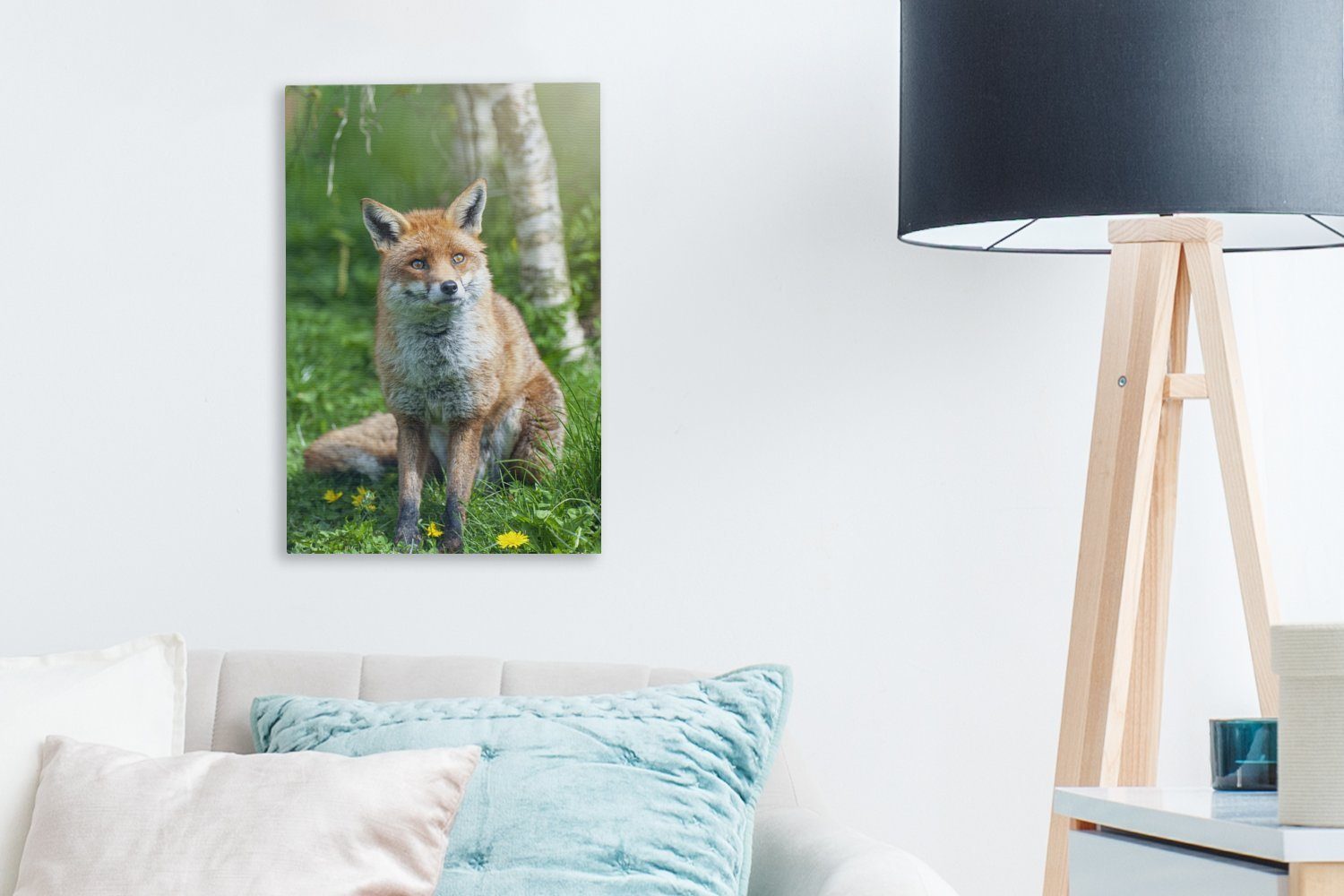 Zackenaufhänger, Leinwandbild Leinwandbild bespannt OneMillionCanvasses® 20x30 (1 fertig Tiere - Gras, inkl. - Gemälde, cm St), Fuchs - Blumen