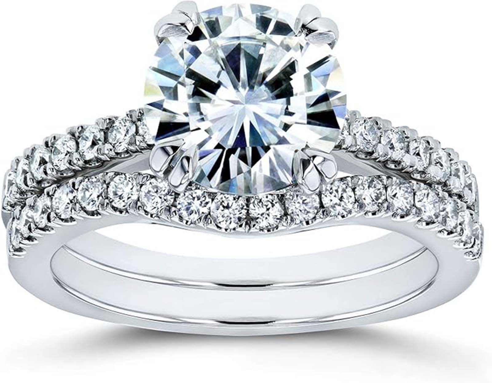 Jumpeak Diamantring 2ct E VVS2 3EX,14K Weißgold Labordiamant Ring, Hochzeit Band Braut Set, Stapelbarer Damenring, Jubiläumsring, Diamanten im Brillantschliff