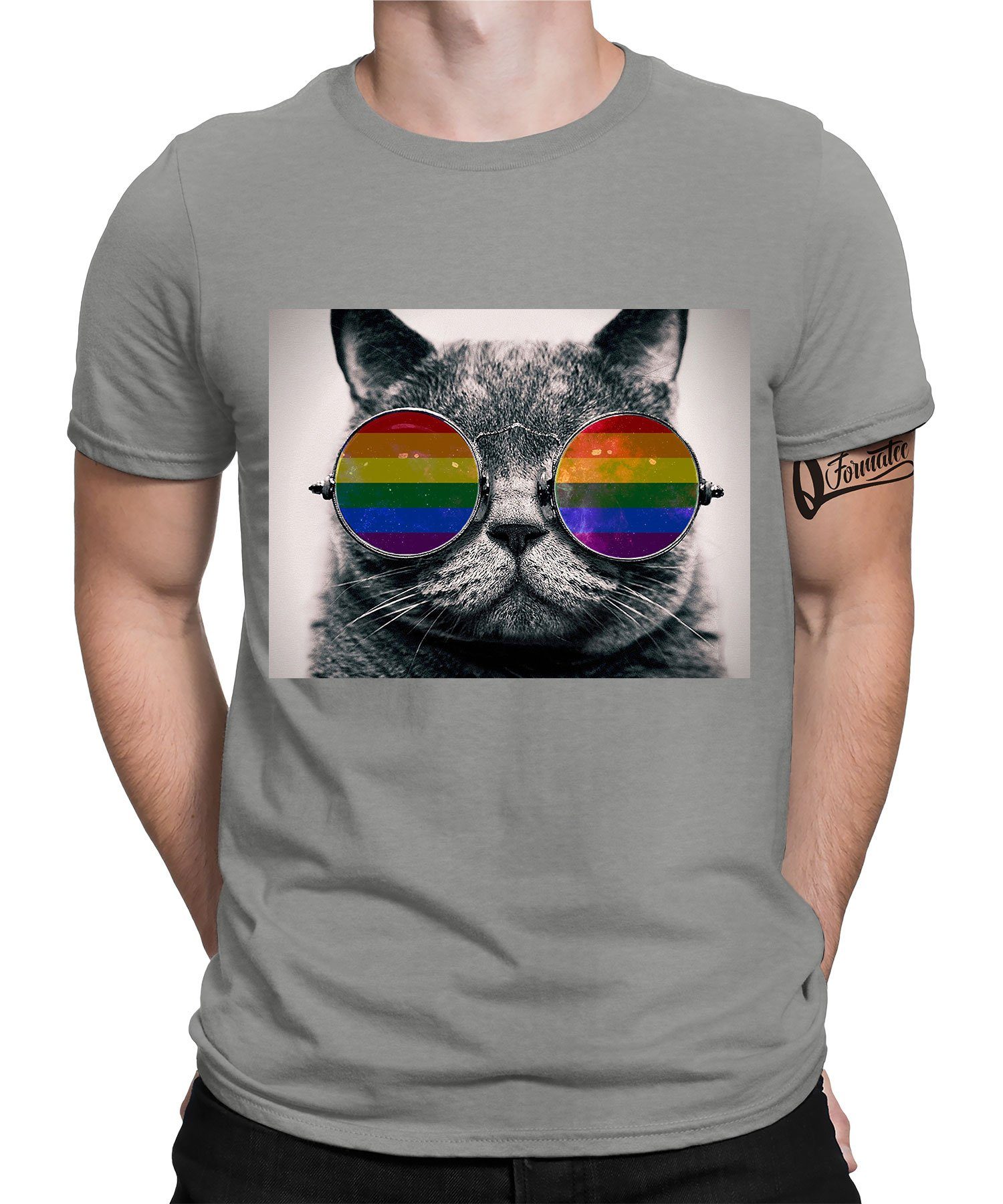 Heather Kurzarmshirt Gay - Quattro Regenbogen Herren Pride (1-tlg) Grau Formatee LGBT Katze Stolz T-Shirt