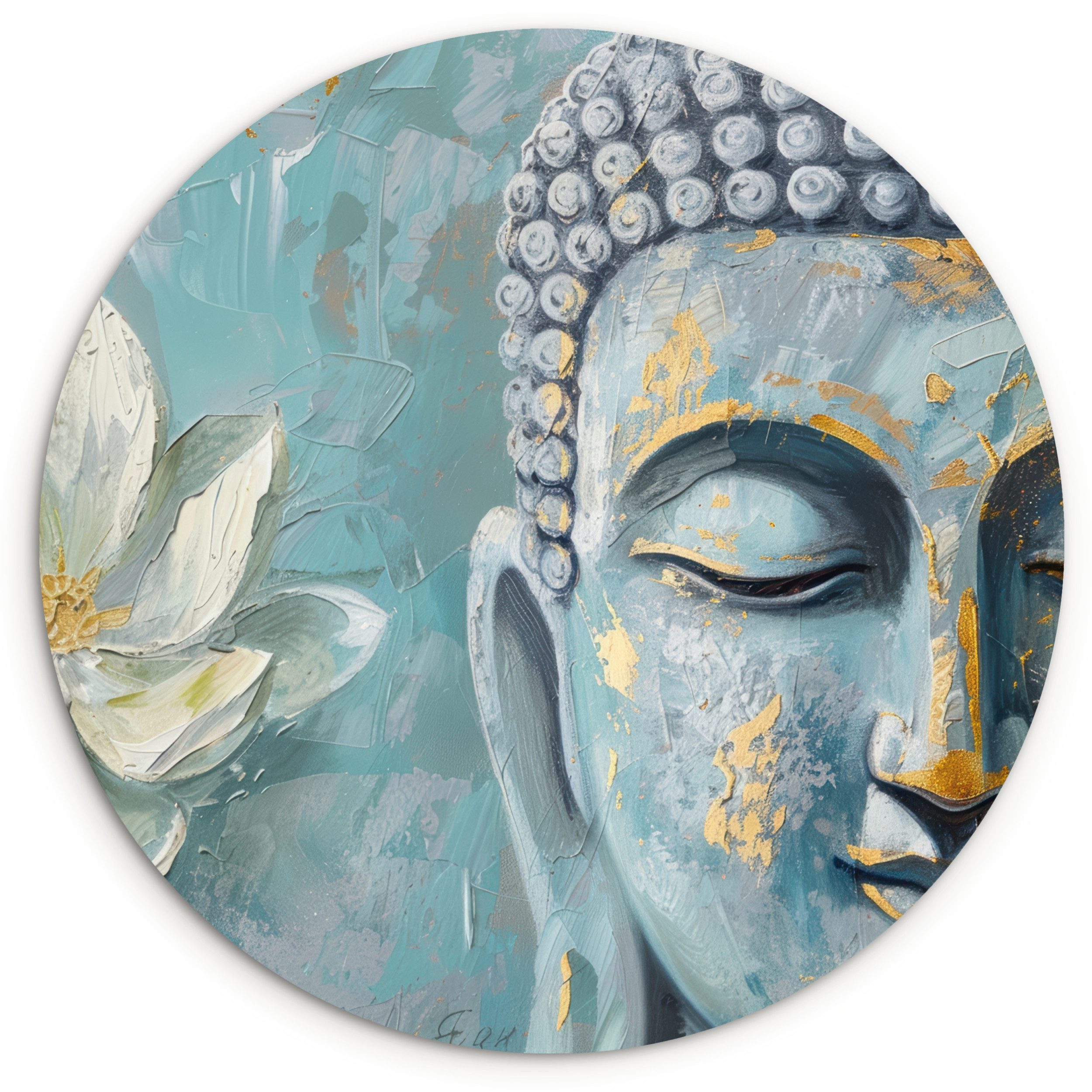 MuchoWow Gemälde Buddha - Blume - Lotus - Gold - Blau, Fotodruck (1 St), Kreis Wanddekoration, Rundes Wandbild, 30x30 cm