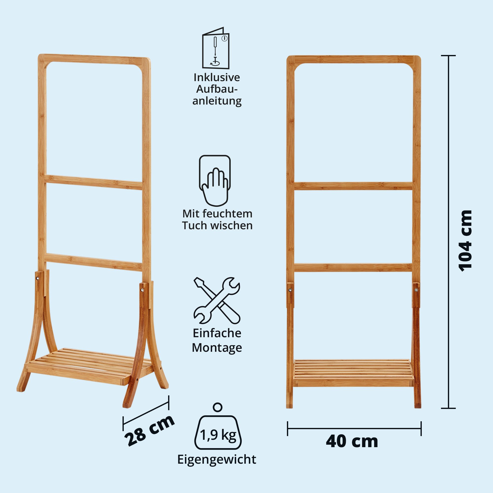 KHG Herrendiener aus Bambus Echtholz für Kleidung, (Stummer Diener, Sackohalter mit Hosenbügel sowie Schuhablage)