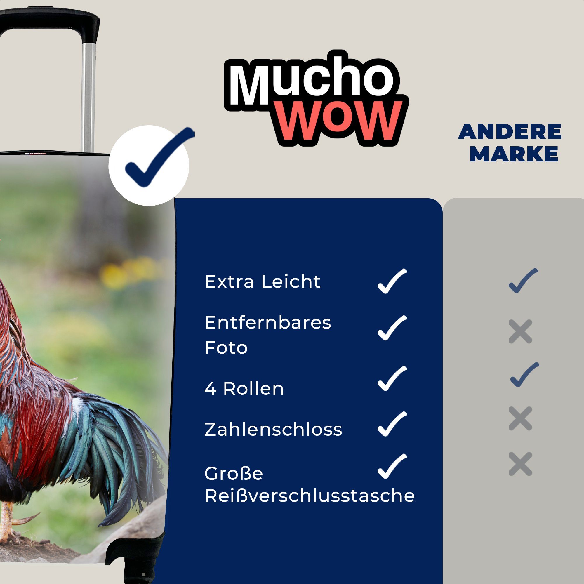 MuchoWow Handgepäckkoffer Hahn Ferien, Trolley, für mit Handgepäck Reisetasche Reisekoffer Fotodruck, 4 rollen, Rollen
