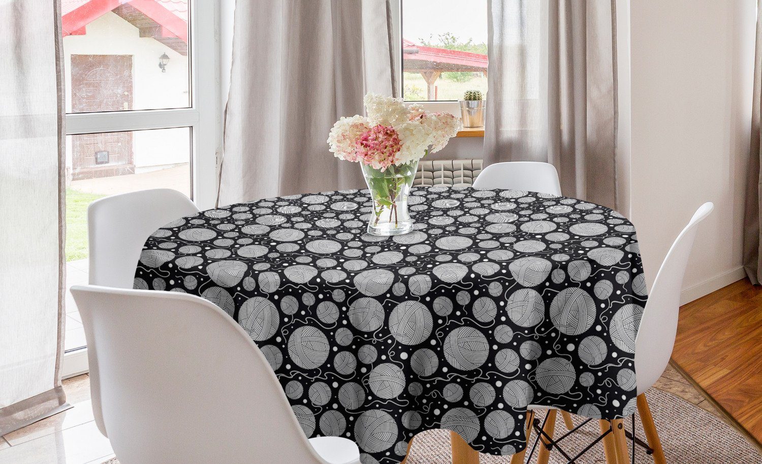 Dekoration, für Tischdecke weiß und Abdeckung des Kreis Tischdecke Abakuhaus Esszimmer Küche Garns Schwarz Boho Kugeln