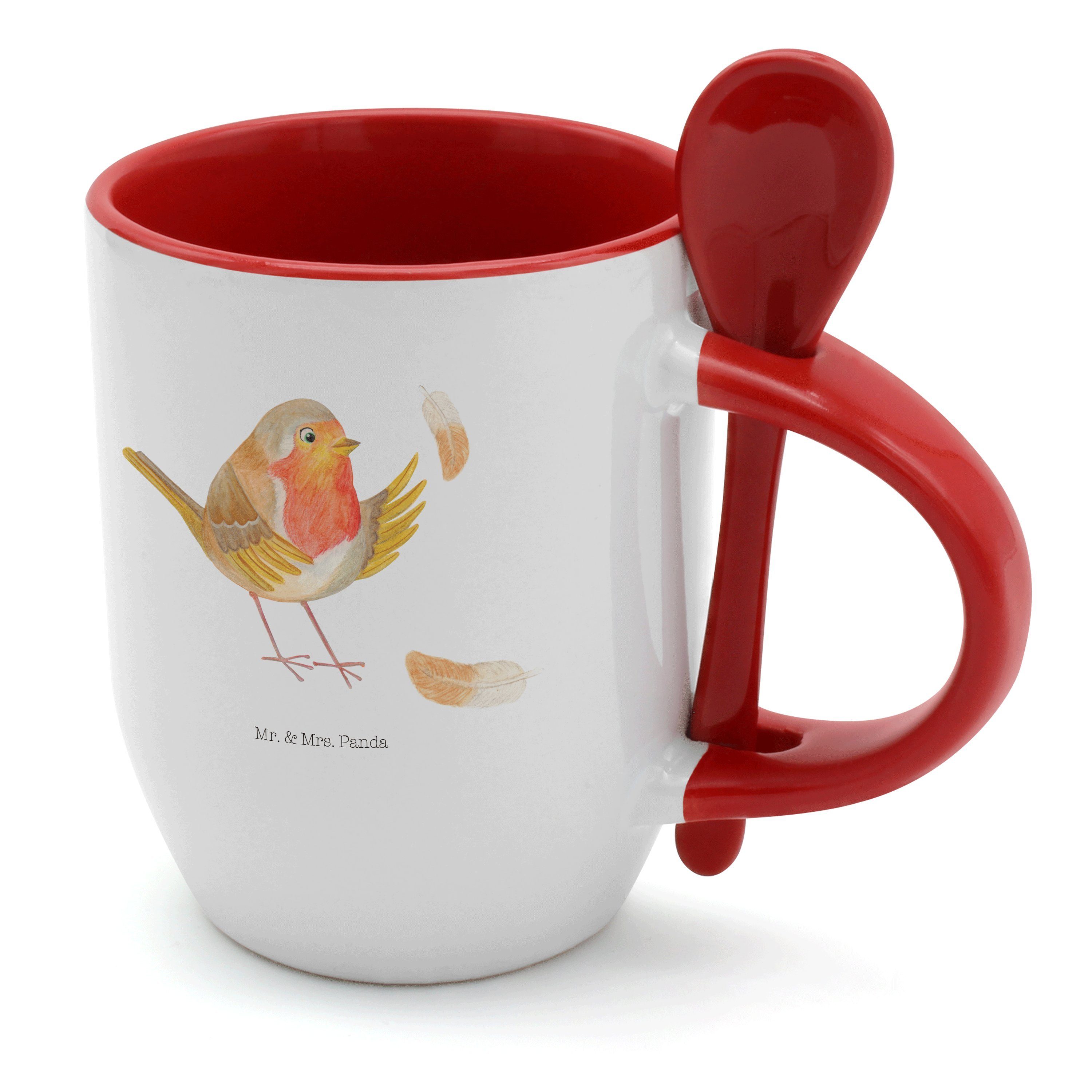 Mr. & Mrs. Panda Tasse Rotkehlchen mit Federn - Weiß - Geschenk, Gute Laune, Tasse mit Löffe, Keramik