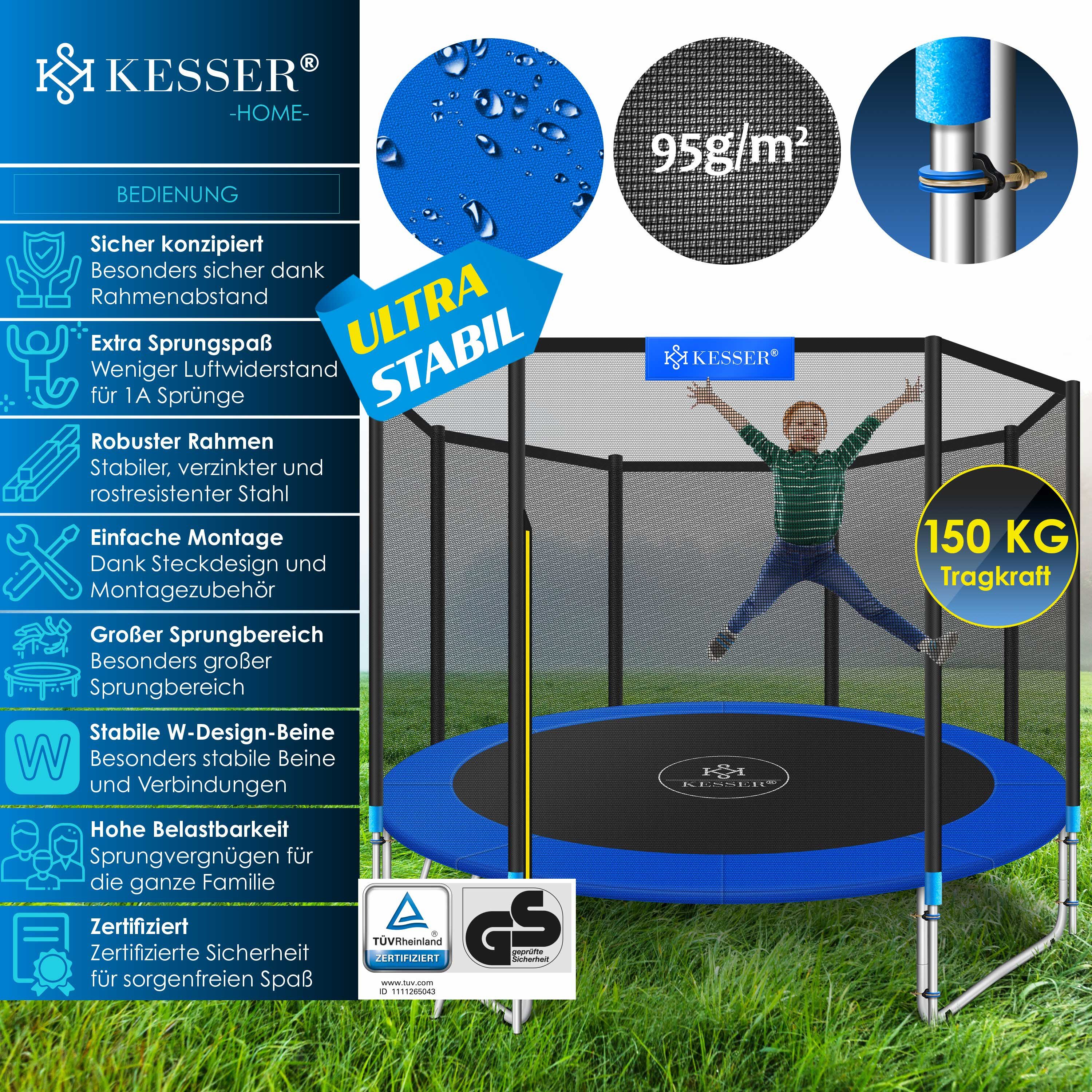 KESSER Gartentrampolin, Ø 305 cm, Trampolin TÜV Rheinland GS Zertifiziert Komplettset Sicherheitsnetz