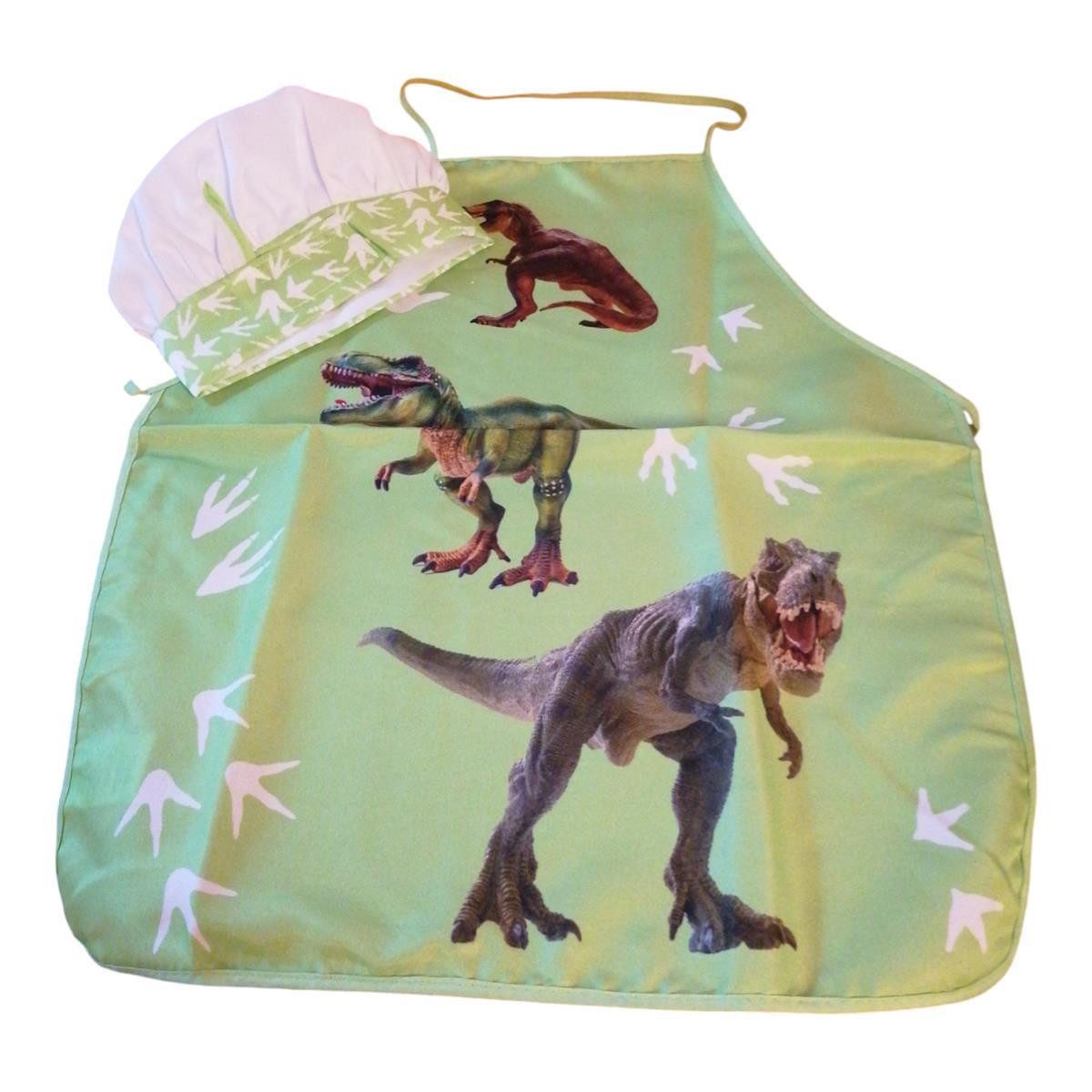 BrandMac Kochschürze Kochschürzen-Set für Kinder mit Mütze, Dinosaurier-Motiv, Grün