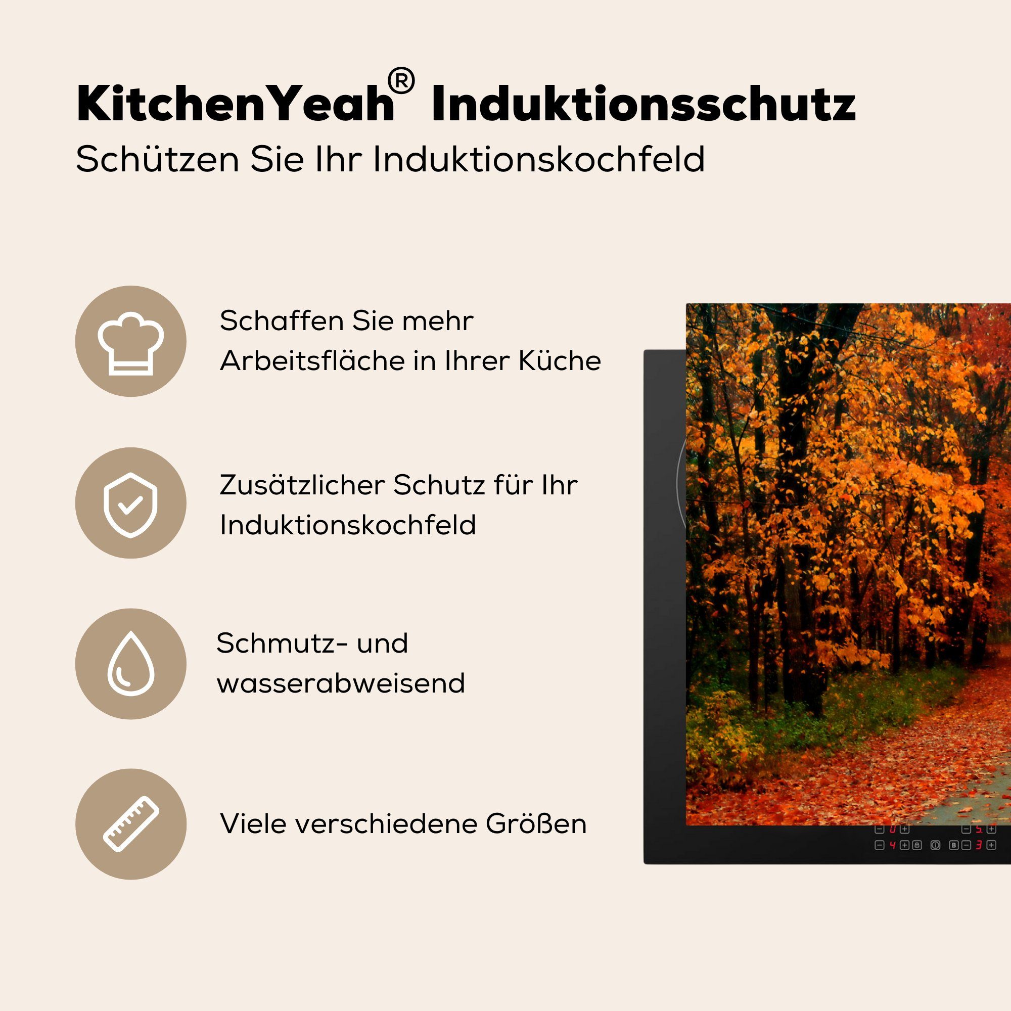 Vinyl, tlg), Induktionsmatte Herbst Herdblende-/Abdeckplatte Wald - MuchoWow die (1 küche, für cm, - Ceranfeldabdeckung Laub, 85x52