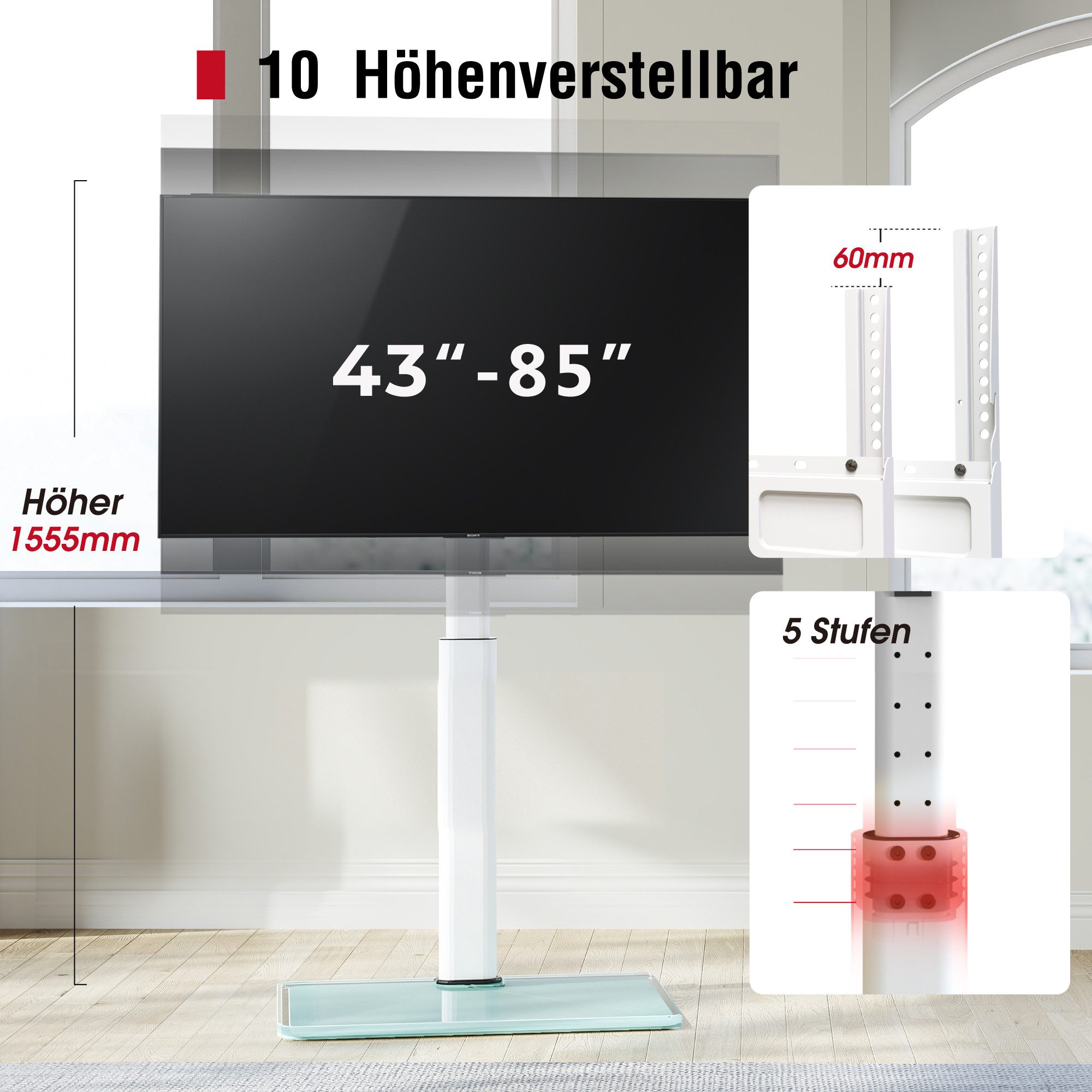 AOKCOS TV-Ständer hohe TV-Halterung, 43-85 Zoll, (bis 85 Zoll, höhenverstellbar, schwenkbar ±30°, neigbar -2° bis +10)