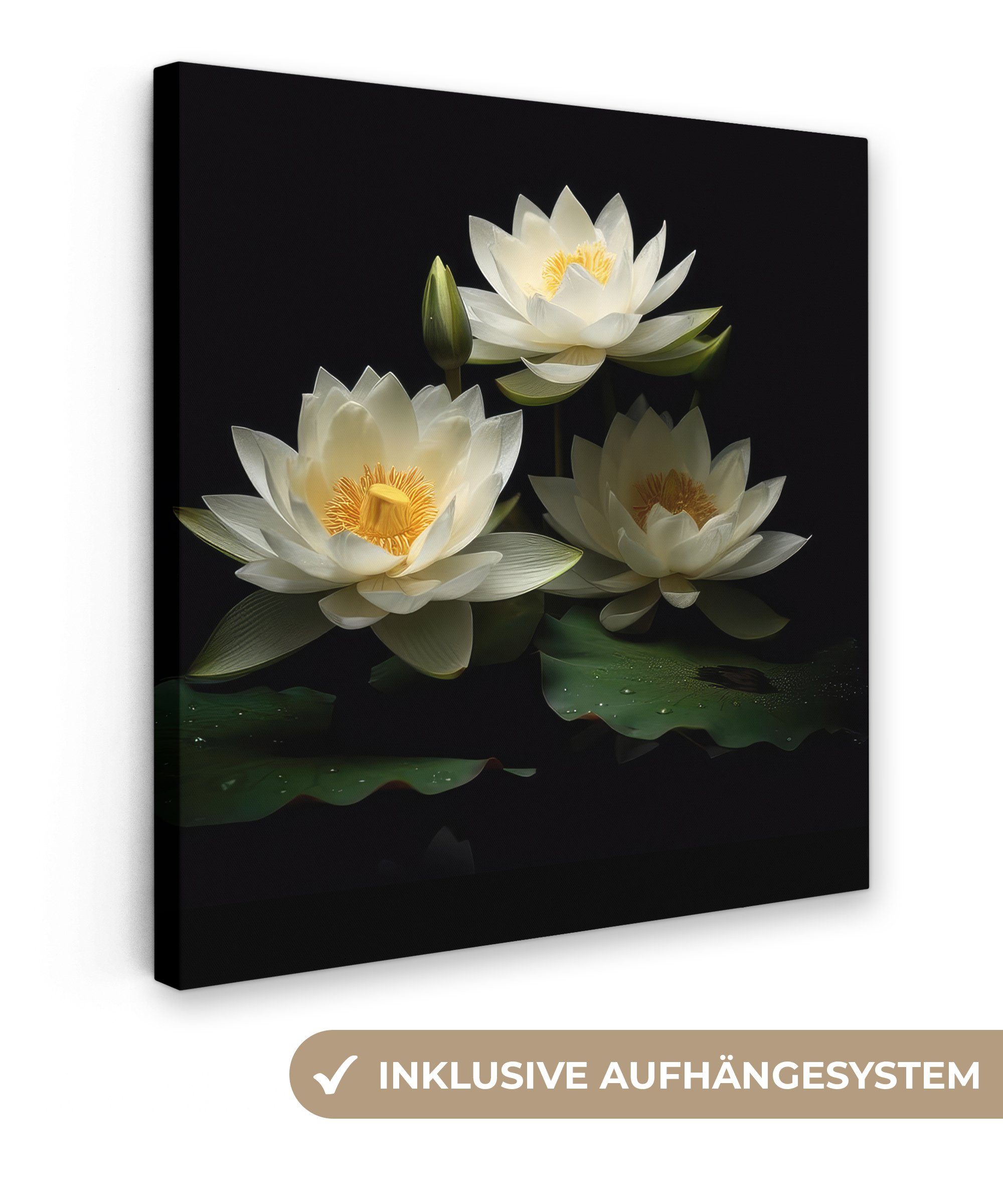OneMillionCanvasses® Leinwandbild Lotus - Blumen - Weiß - Natur - Schwarz, (1 St), Leinwand Bilder für Wohnzimmer Schlafzimmer, 20x20 cm