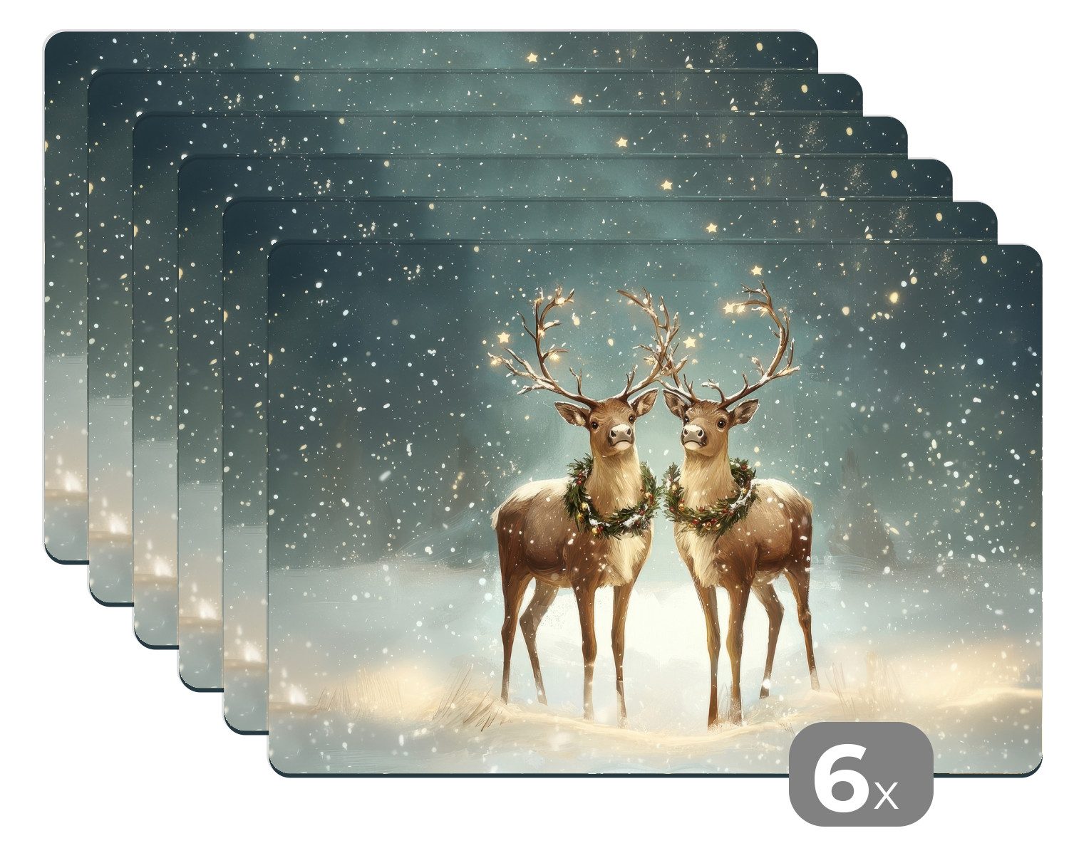 MuchoWow Platzset Weihnachtszauber - Winterwald - Rentier, (6-St), Platzsets, Tischset, Abwaschbar, Tischsets, Platzdeckchen