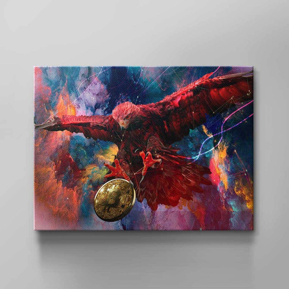 DOTCOMCANVAS® Leinwandbild Bitcoin schwarzer bunt Vogel Rahmen blau Eagle, gold Adler orange Wandbild rot Bitcoi Bitcoin Krypto