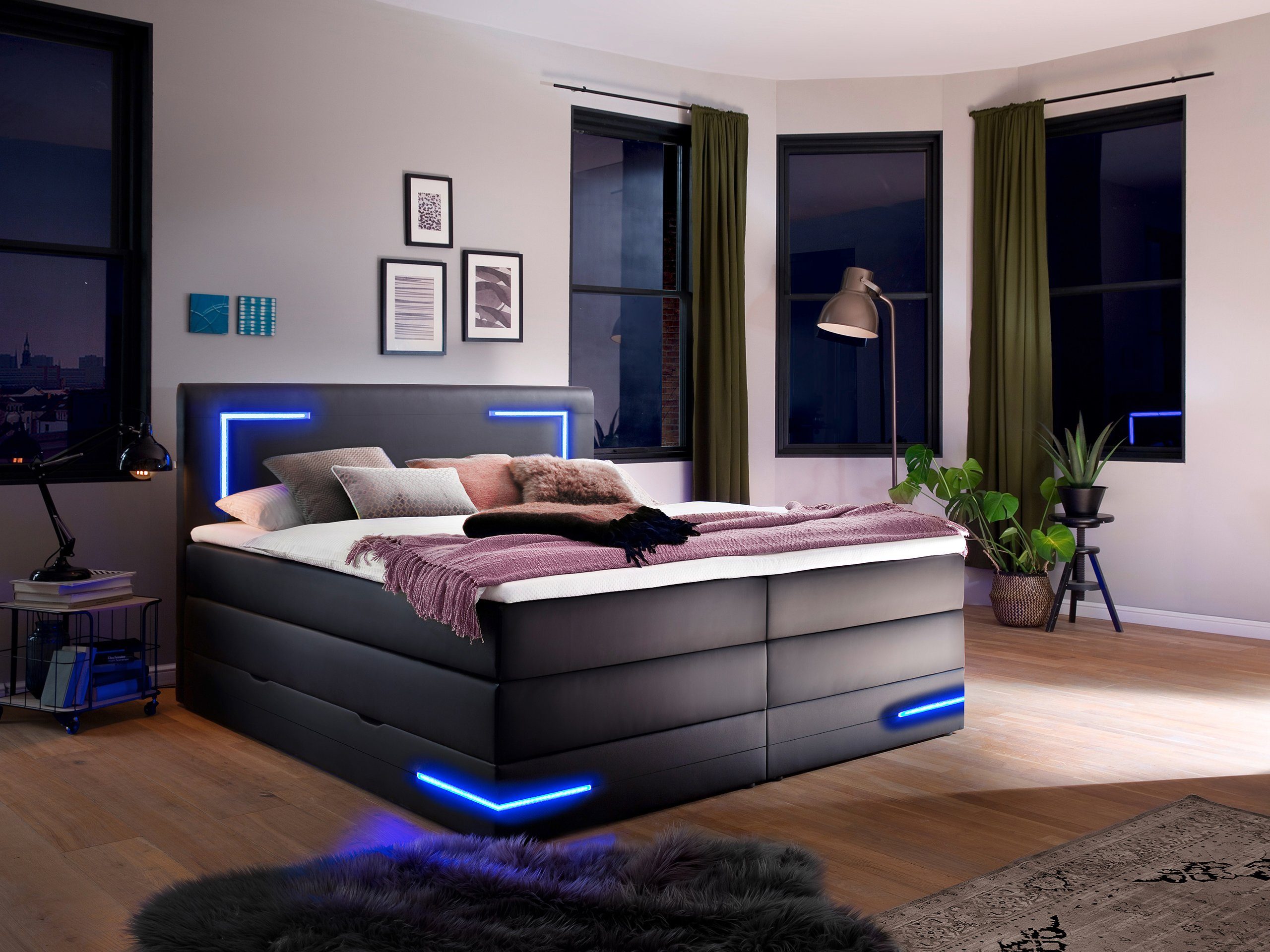 wonello Boxspringbett Lights 2.0, mit LED Beleuchtung und Topper, wahlweise mit Bettkasten