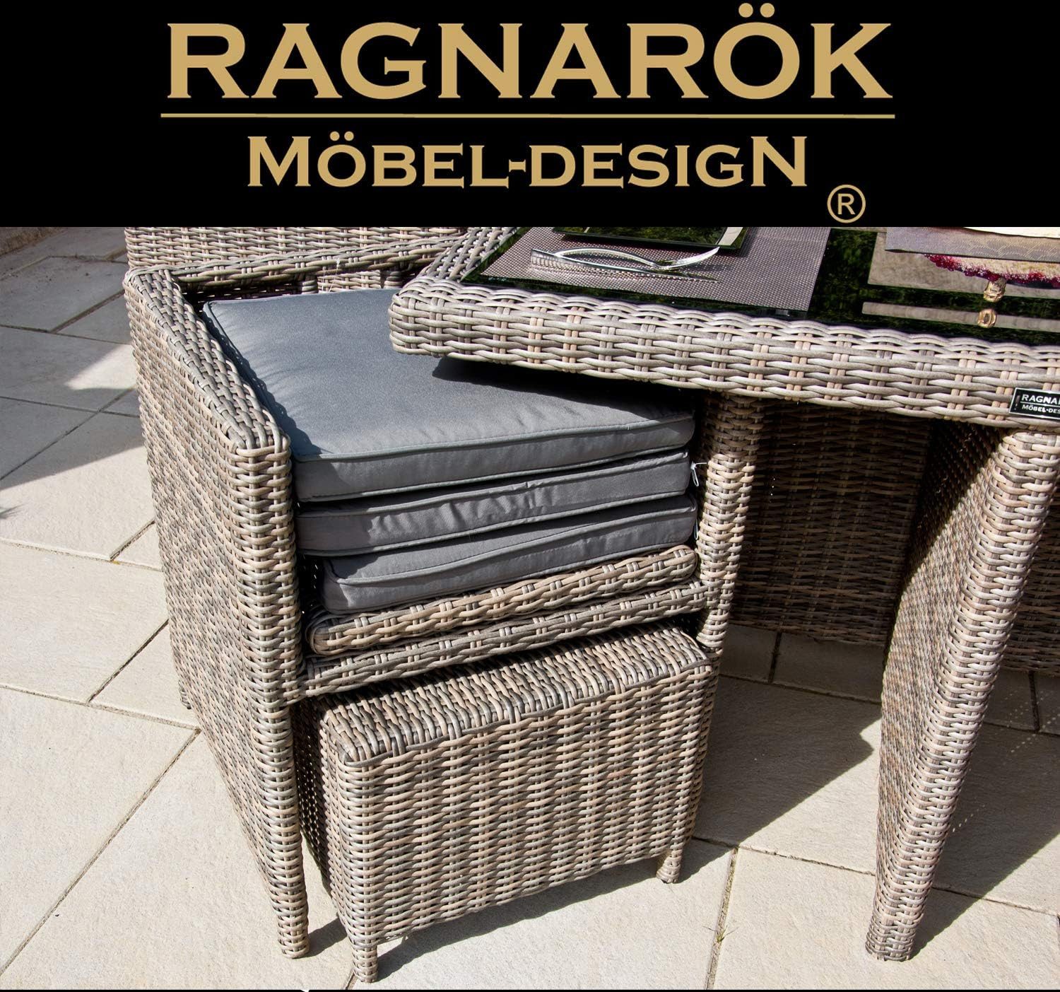 Ragnarök Möbel-Design Garten-Essgruppe Heimdall Esstisch Set 8+4, (Set, Polyrattan, Alu), umklappbare Rückenlehnen, Würfelsystem