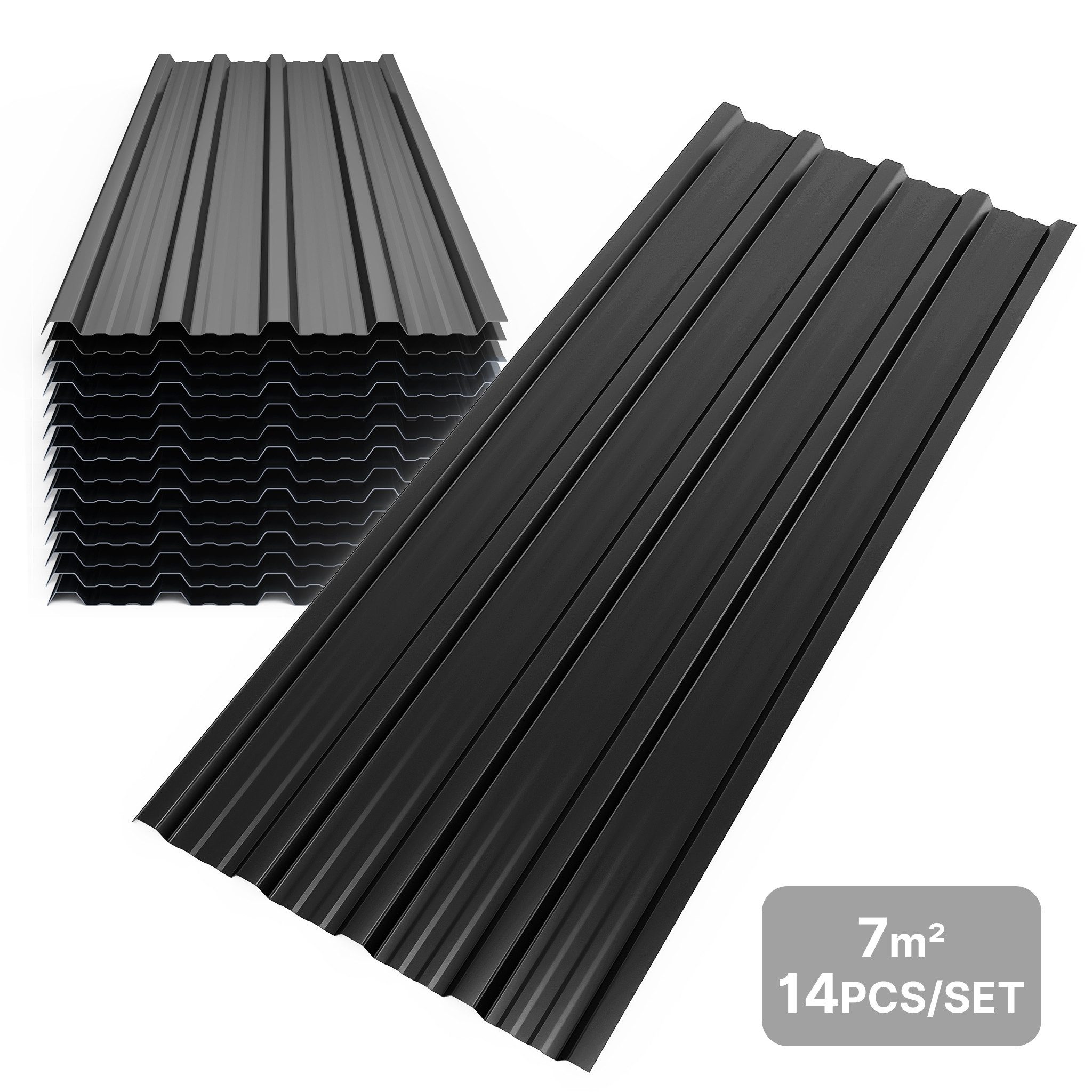 Mondeer Wellplatte Dachplatten(14-tlg), 0,25 mm, (Metall Trapezblech, 14-St), Wellblechplatten für Dach, 7m², 110*46cm, Schwarz
