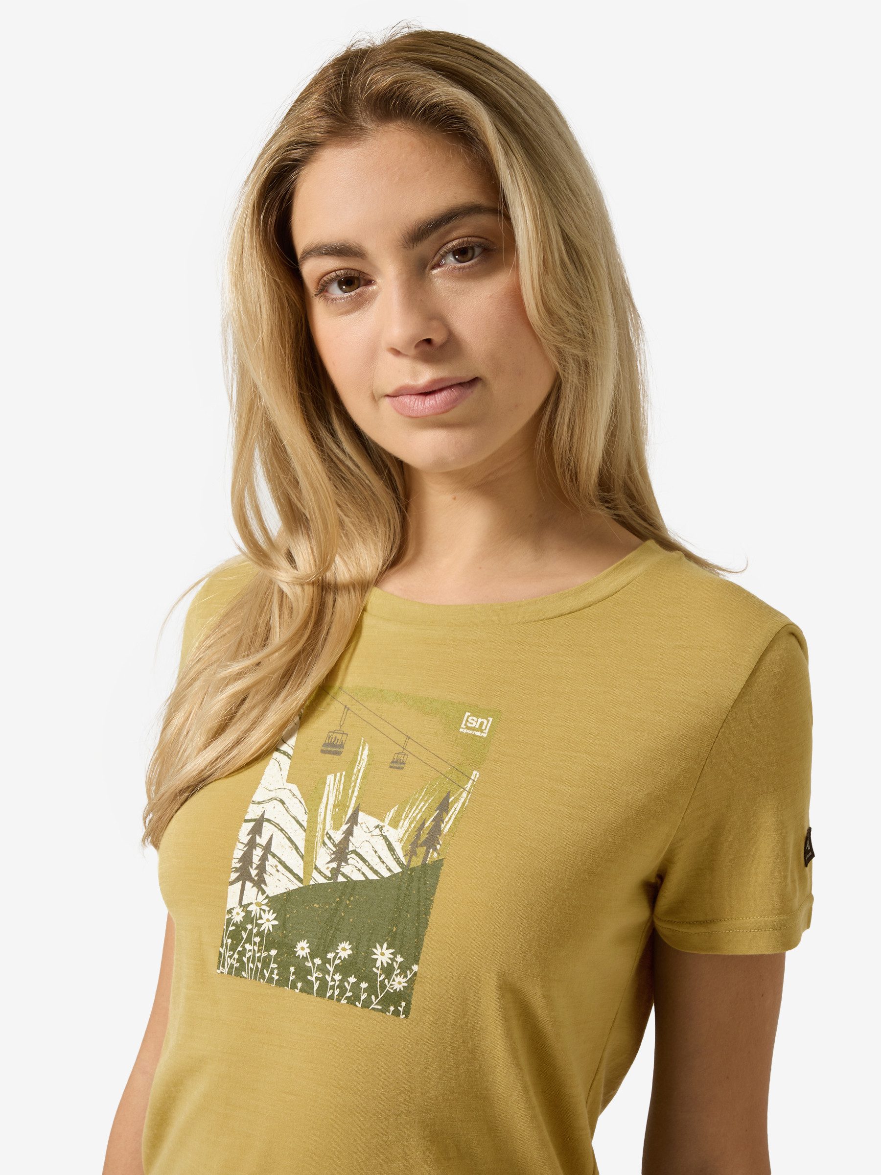 SUPER.NATURAL T-Shirt für Damen, Merino W SUMMER GONDOLA TEE mit Sommer-Motiv, atmungsaktiv