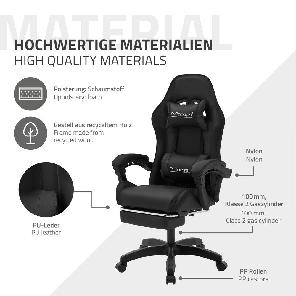 ML-DESIGN Bürostuhl Computerstuhl Schreibtischstuhl für Büro & Arbeitszimmer Drehsessel, Gaming Stuhl inkl. 2 Kissen Armlehne & Fußstütze ergonomisch anpassbar – Bild 5 von 5