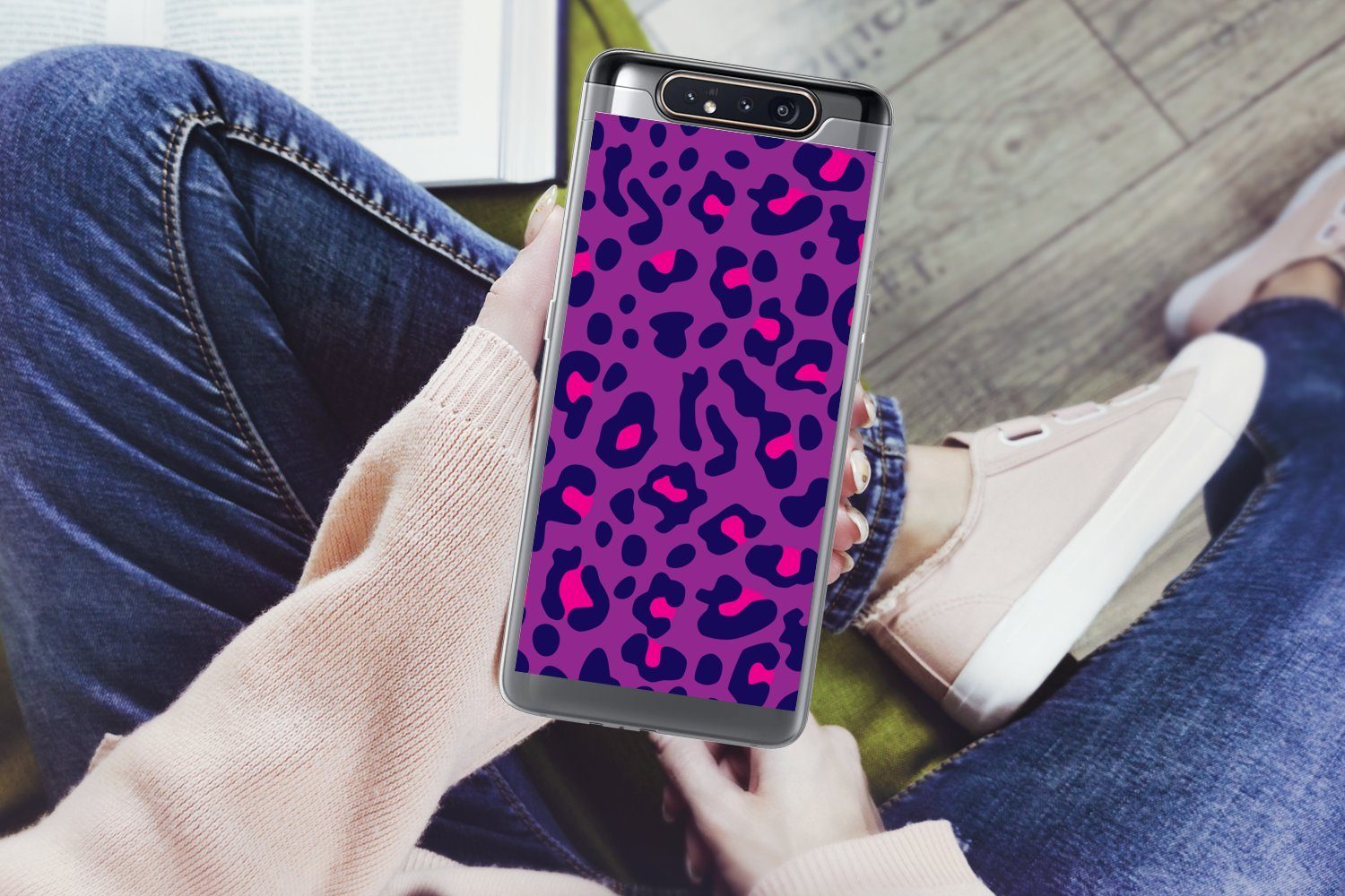 MuchoWow Handyhülle für Samsung Galaxy A80 Pantherdruck - Lila - Rosa, Phone Case, Silikon, Schutzhülle Dünn