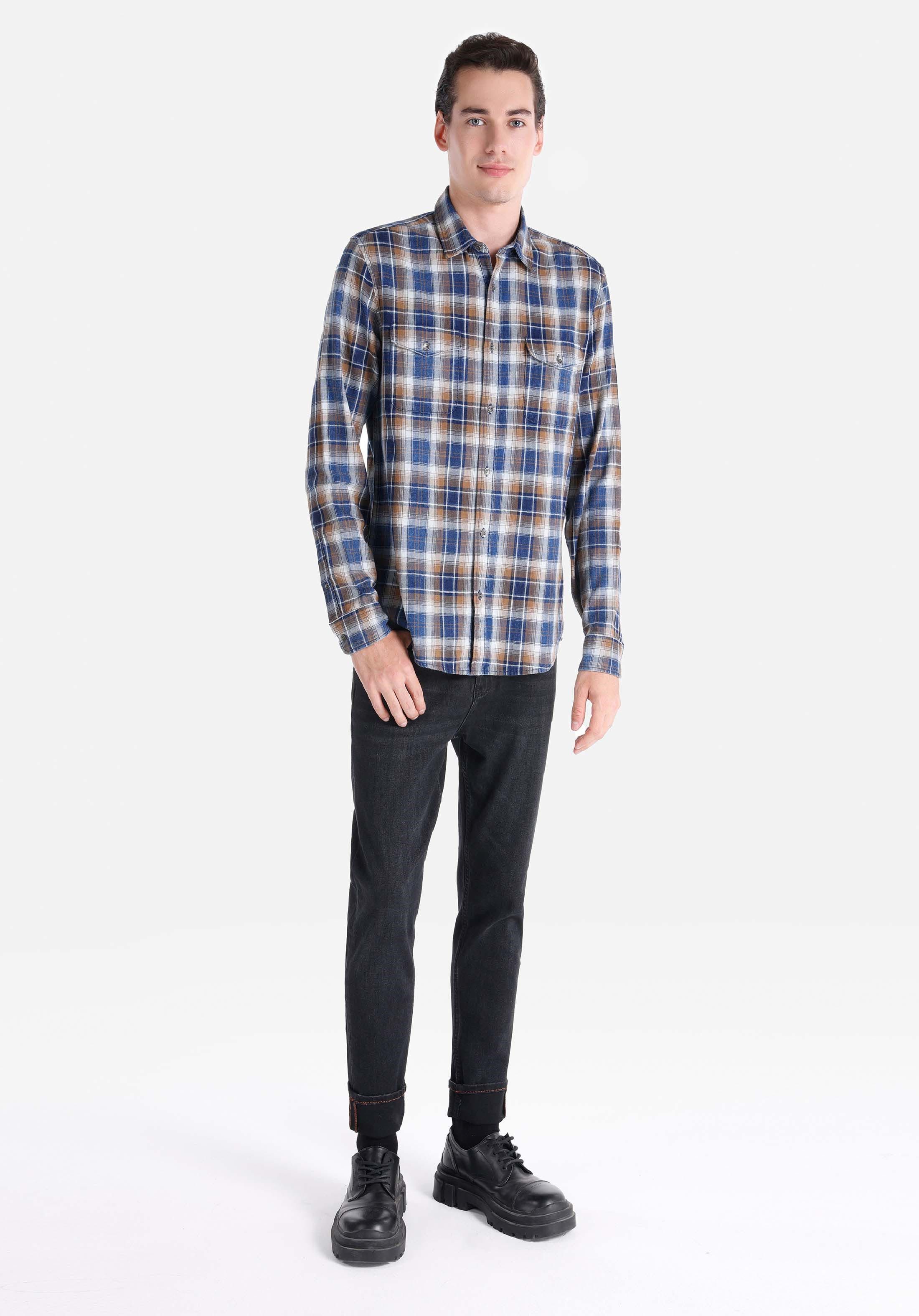 Colins Seamless Shirt Colins Slim Fit Hemdkragen Karo Herren Blau Langarmhemd