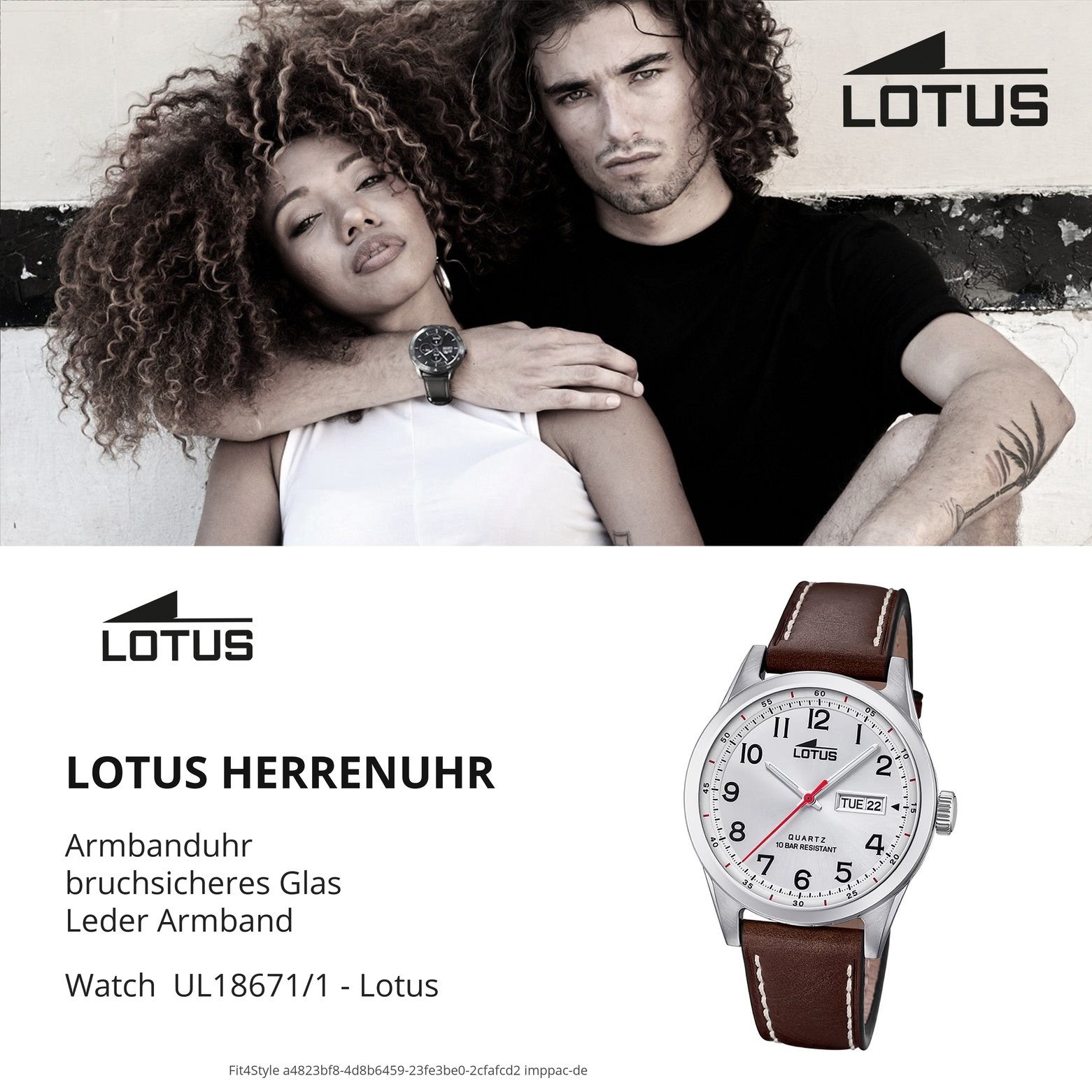 Lotus Quarzuhr LOTUS Herren Uhr Elegant 18671/1 Leder, Herren Armbanduhr  rund, groß (ca. 42mm), Lederarmband braun