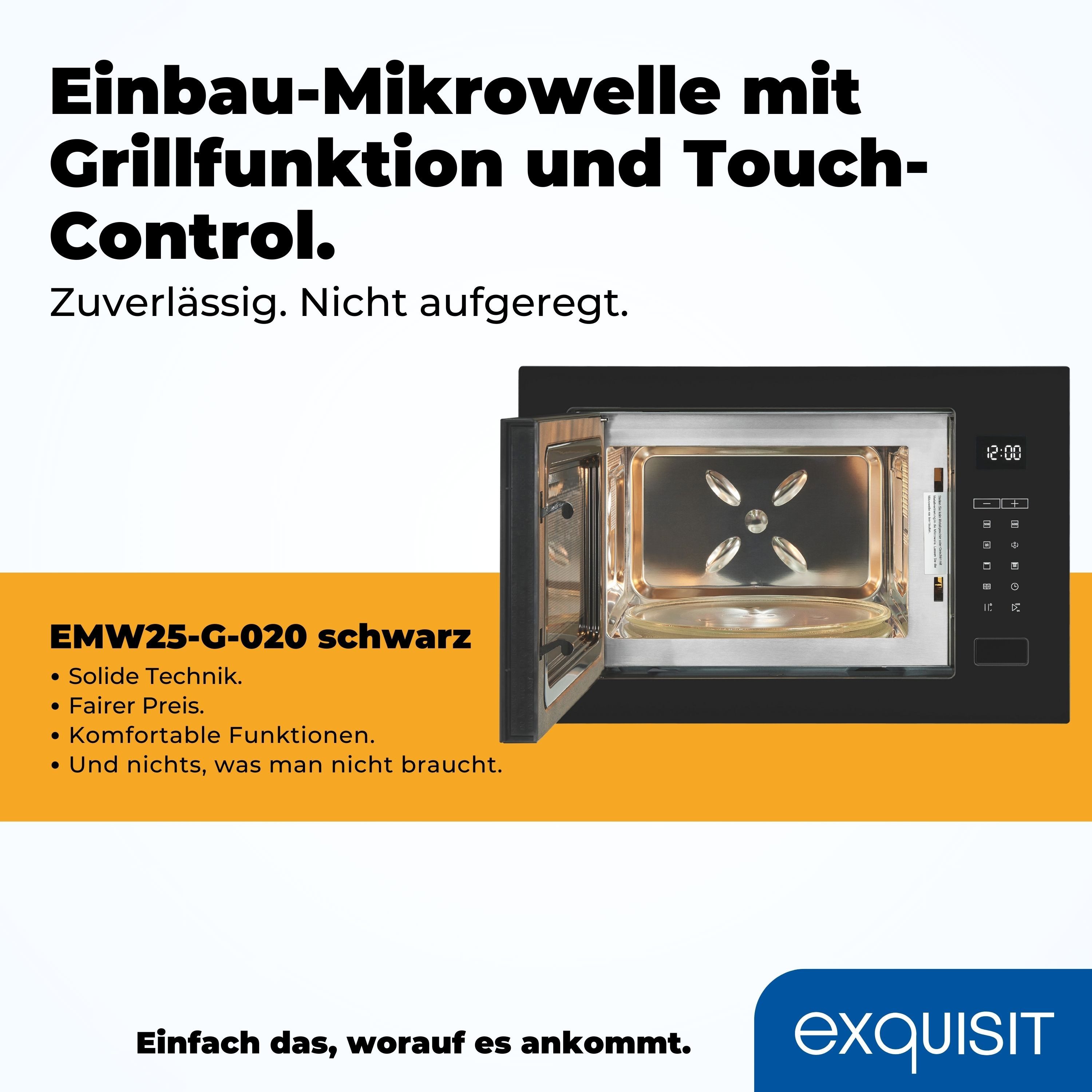 exquisit Einbau-Mikrowelle EMW25-G-020, Grill, Mikrowelle, 25 l, 2-in-1 Gerät: Aufwärmen oder Grillen – Genuss im Handumdrehen