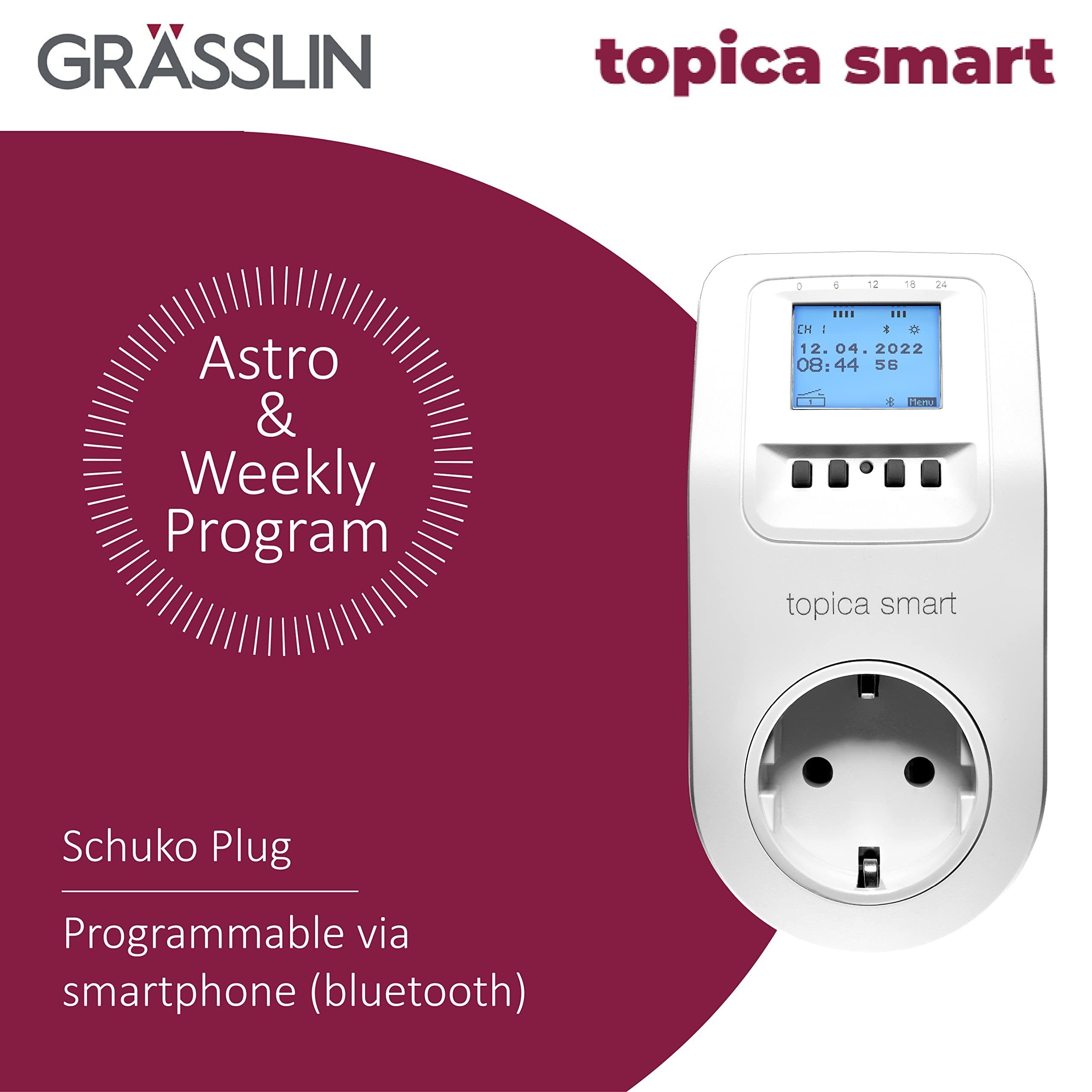 Grässlin Zeitschaltuhr topica smart, Schuko-Steckdosenschaltuhr I mit Wochen- Jahres- und Astrofunktion