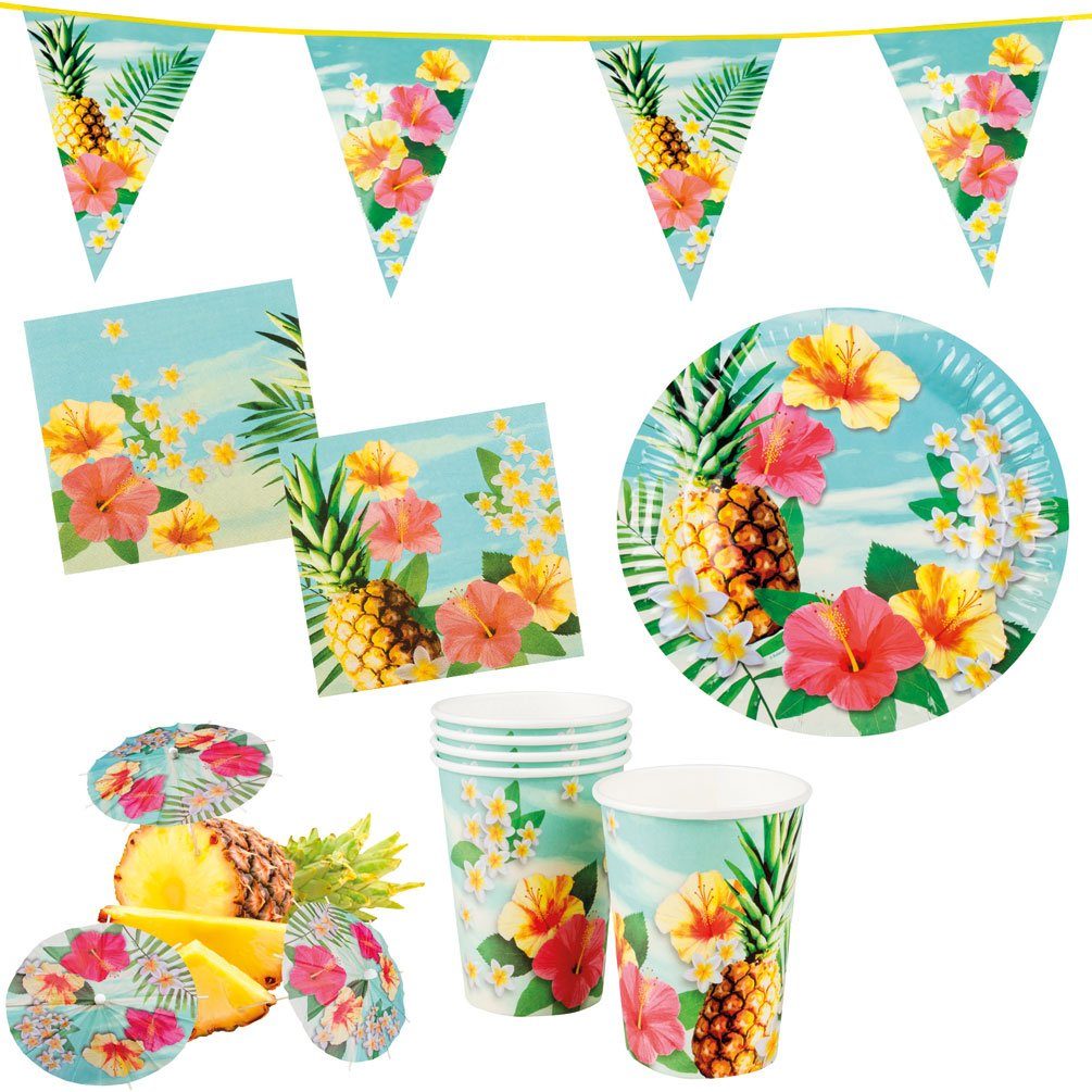 Set Hawaii Wimpelkette, Karneval-Klamotten Hibiskus 30 Pappbecher Teile Servietten Partygeschirr + Pappteller Einweggeschirr-Set Party