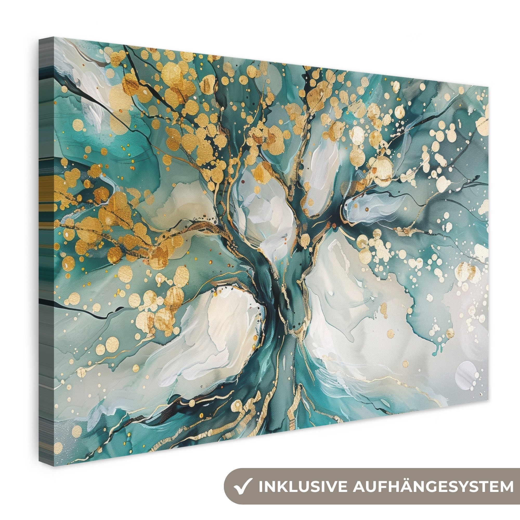 OneMillionCanvasses® Leinwandbild Baum - Modern - Farboptik - Türkis - Gold, Fotodruck (1 St), Leinwand Bilder Klein, Wand Dekoration Aesthetic 30x20 cm