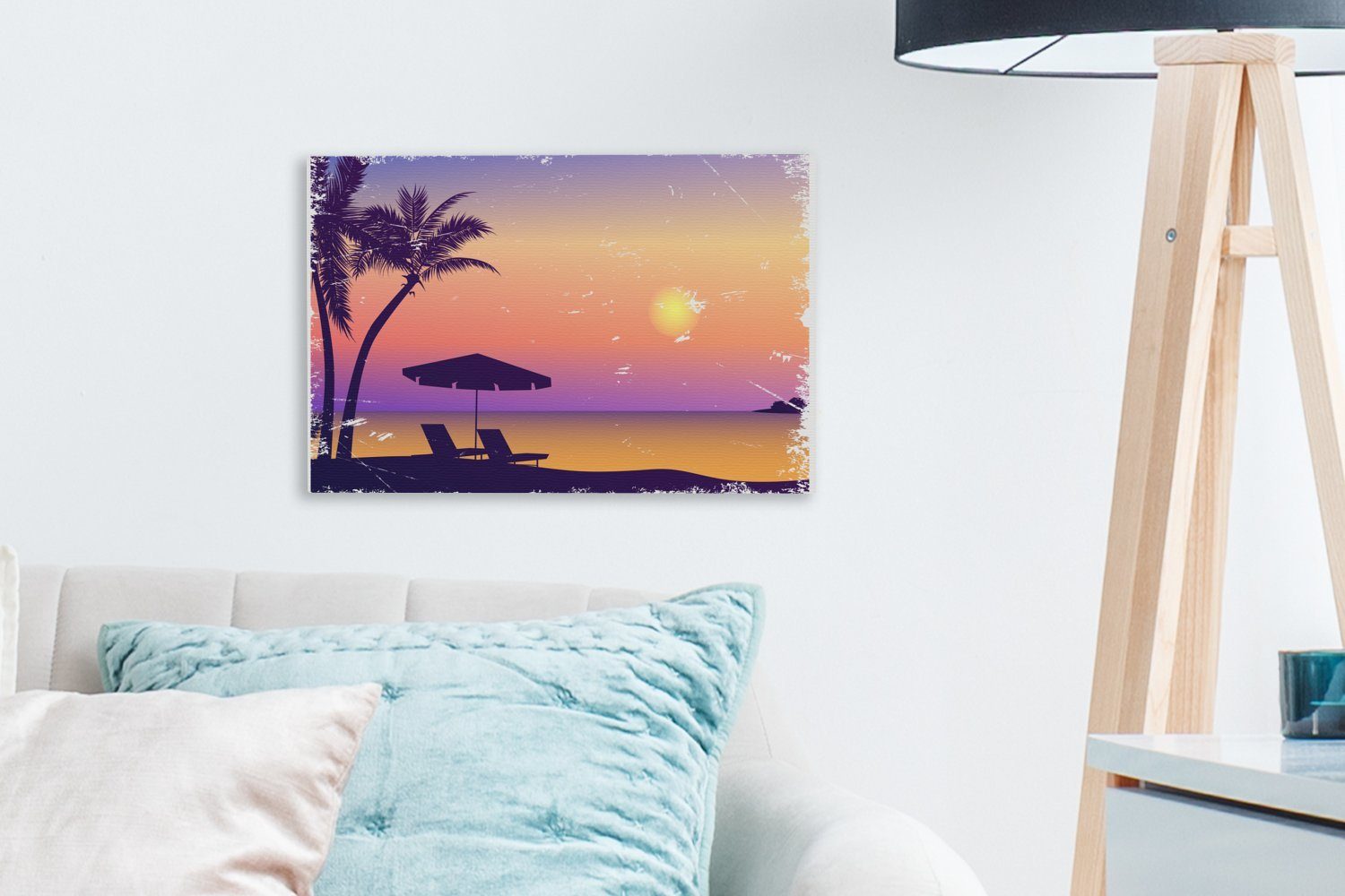 - cm Aufhängefertig, OneMillionCanvasses® Stuhl Sonnenschirm St), - Nacht, Wanddeko, Leinwandbilder, Wandbild (1 - Leinwandbild 30x20 Strand