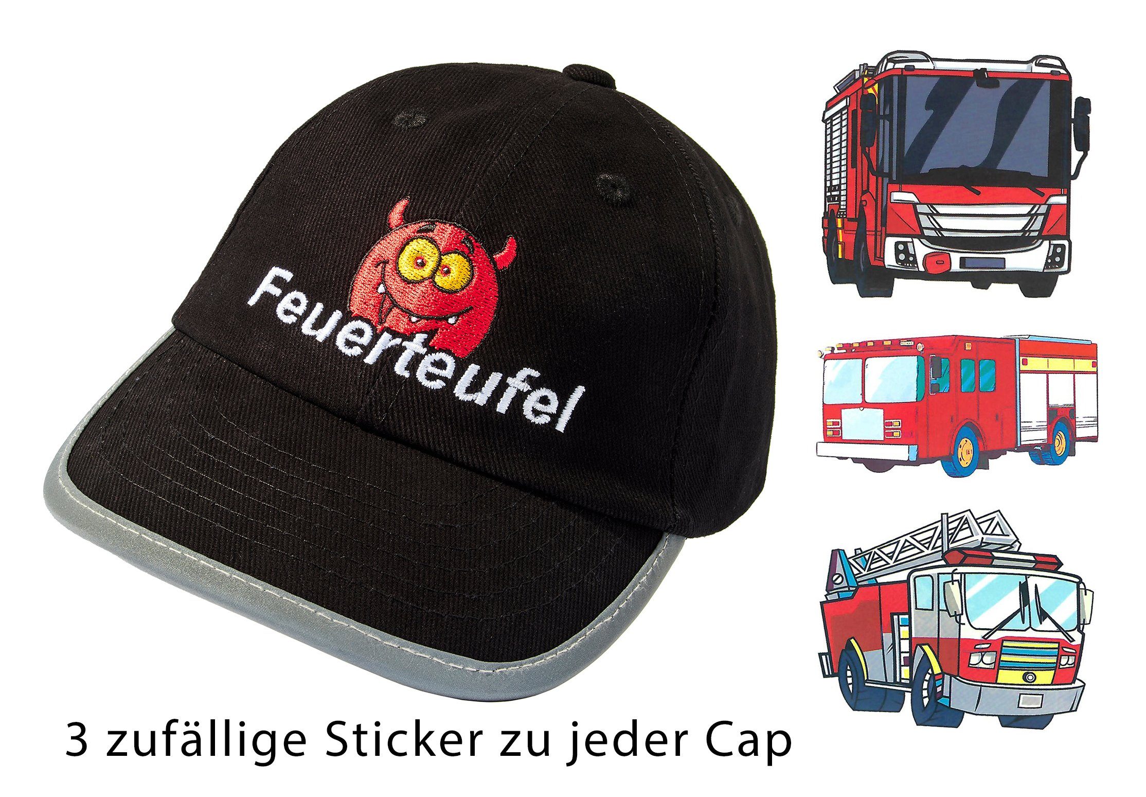 Feuerteufel Baseball Stick, (inkl. Kinder Kappe Sticker), Klett-Verschluss Feuerwehrauto Reflektoren Baddery 3 One - Schwarz Cap Einheitsgröße, Size