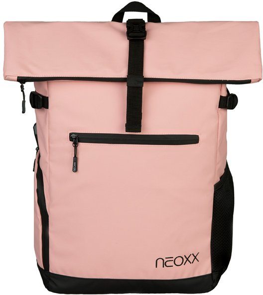 neoxx Freizeitrucksack Vibe, eine für Powerbank mit PET-Flaschen, recycelten Mit USB-Hub seitlich Tasche aus Candy, integrierter
