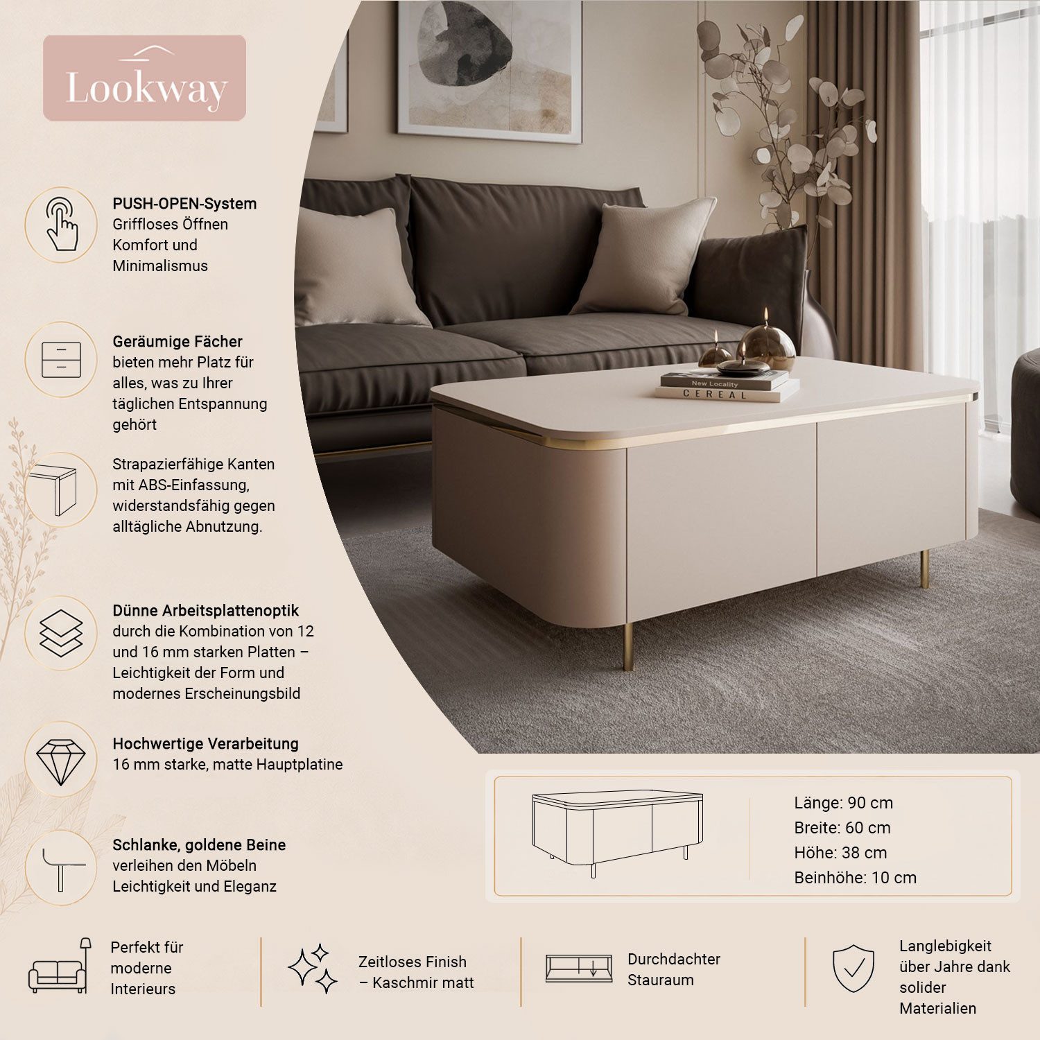 Lookway Couchtisch AVELINE auf geraden Beinen, 90x60x38 cm – Bild 3 von 5