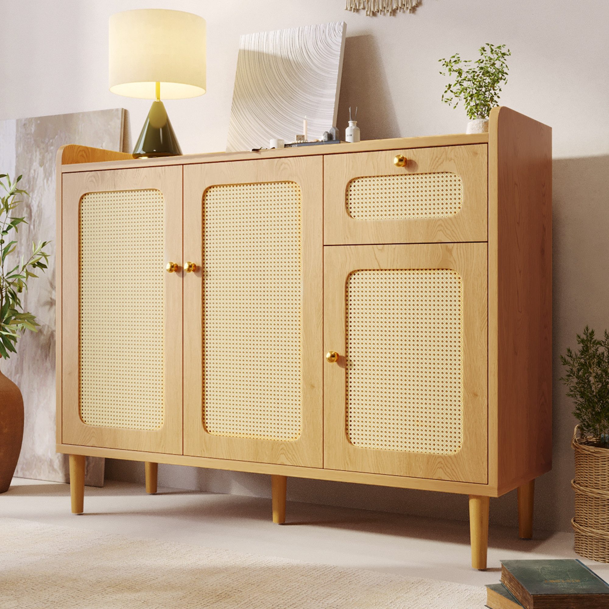 Flieks Kommode Rattan-Geflecht Sideboard mit 3 Türen und 1 Schublade (120x40x91 cm, 1 St., Multifunktionsschrank für Wohnzimmer, Schlafzimmer, Esszimmer), Mehrzweckschrank mit verstellbarer Einlegeböden Eicheholzoptik Natur