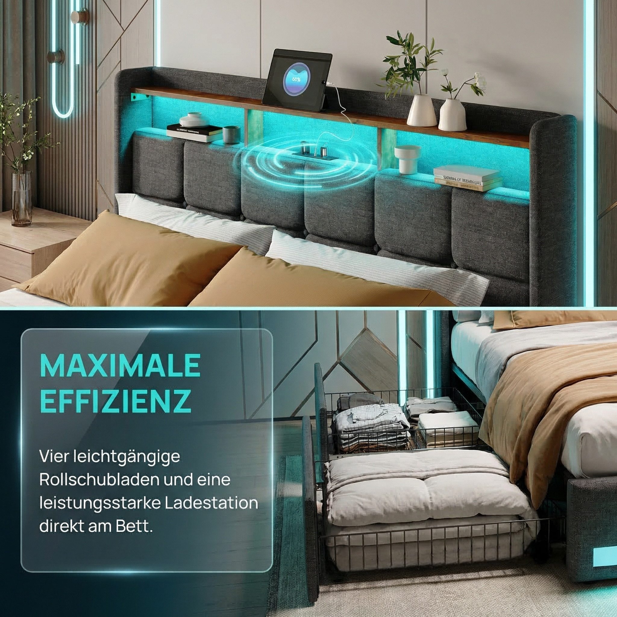 PXloue Polsterbett LED Doppelbett Stauraumbett, mit USB-Laden und Stauraum am Kopfteil,Leinen,140x200 cm