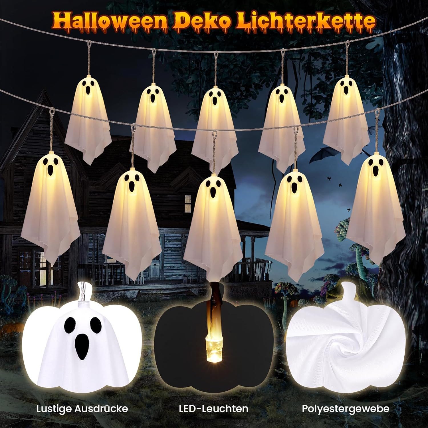 Bomiclss LED-Lichterkette Halloween-Geister-Lichterkette 10 Stück Geister-Halloween-Dekoration, für Urlaub, Halloween Party, Zuhause, Festival-Dekoration – Bild 4 von 5