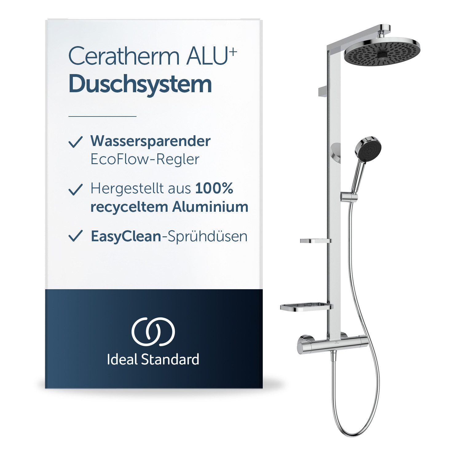 Ideal Standard Duschsystem Ceratherm Alu+, Höhe 111.30 cm, Variable Strahlarten, CoolBody-Technologie, verstellbare Ablagen