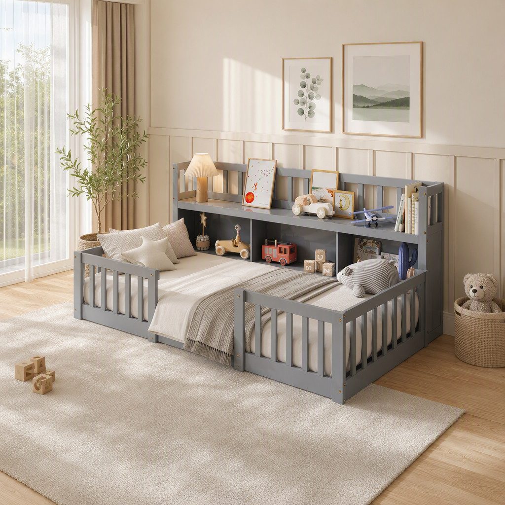 Simurq Kinderbett Bodenbett 90x200 cm, Montessori Bett mit Rausfallschutz (1 tlg, ohne Matratze, Mit Lattenrost), Praktisches Stauraumregal, Bett für Kinderzimmer, Skandinavischer Grau
