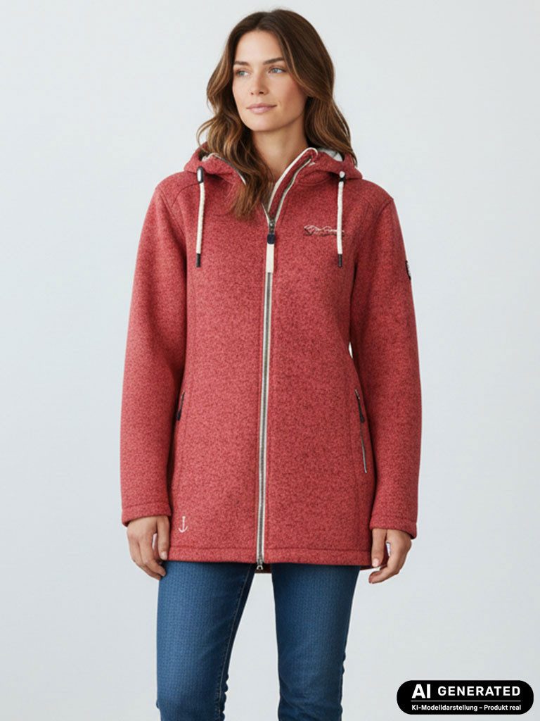 Dry Fashion Wollmantel Amsterdam Damen Wollfleece-Mantel - Fleecemantel Fleecejacke Meliert Windabweisend, 2-Wege-Reißverschluss, Kapuze, Reißverschluss-Taschen
