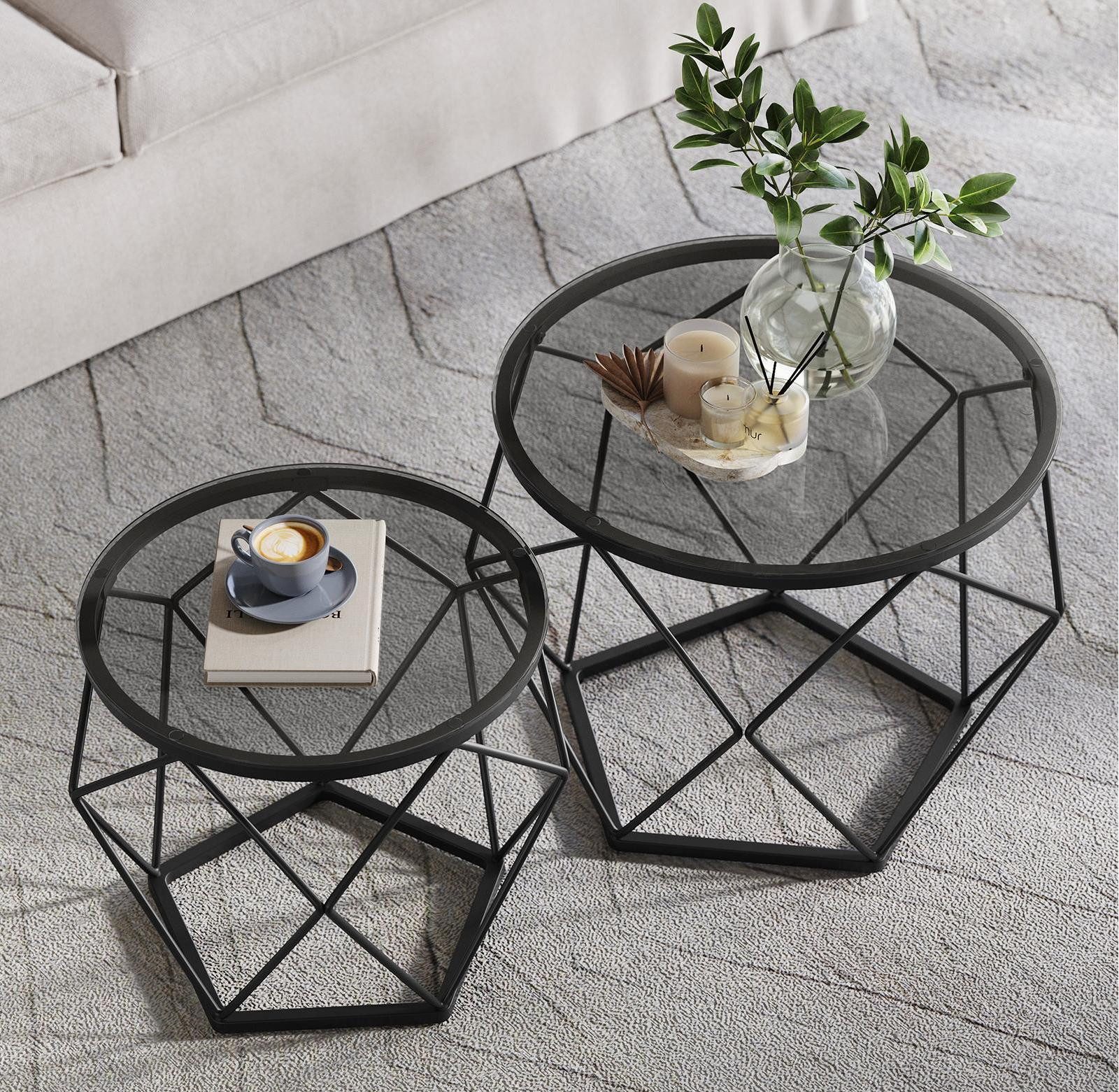 VASAGLE Couchtisch (2er Set), Beistelltisch, abnehmbare Tischplatte, Ø50x40cm+Ø40x36cm